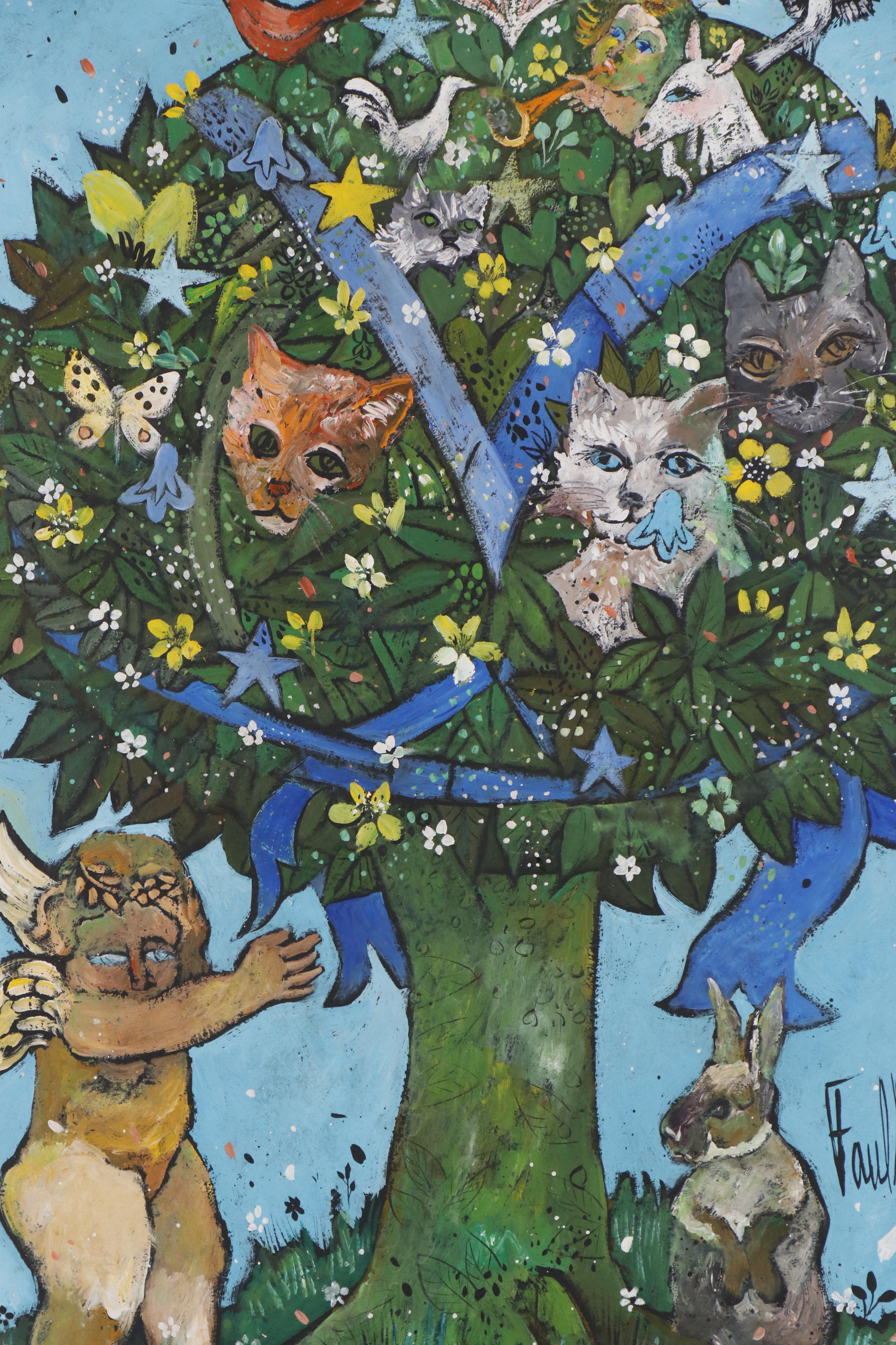 Henry Faulkner Oil Painting "Bunny, Putti, and Cats"