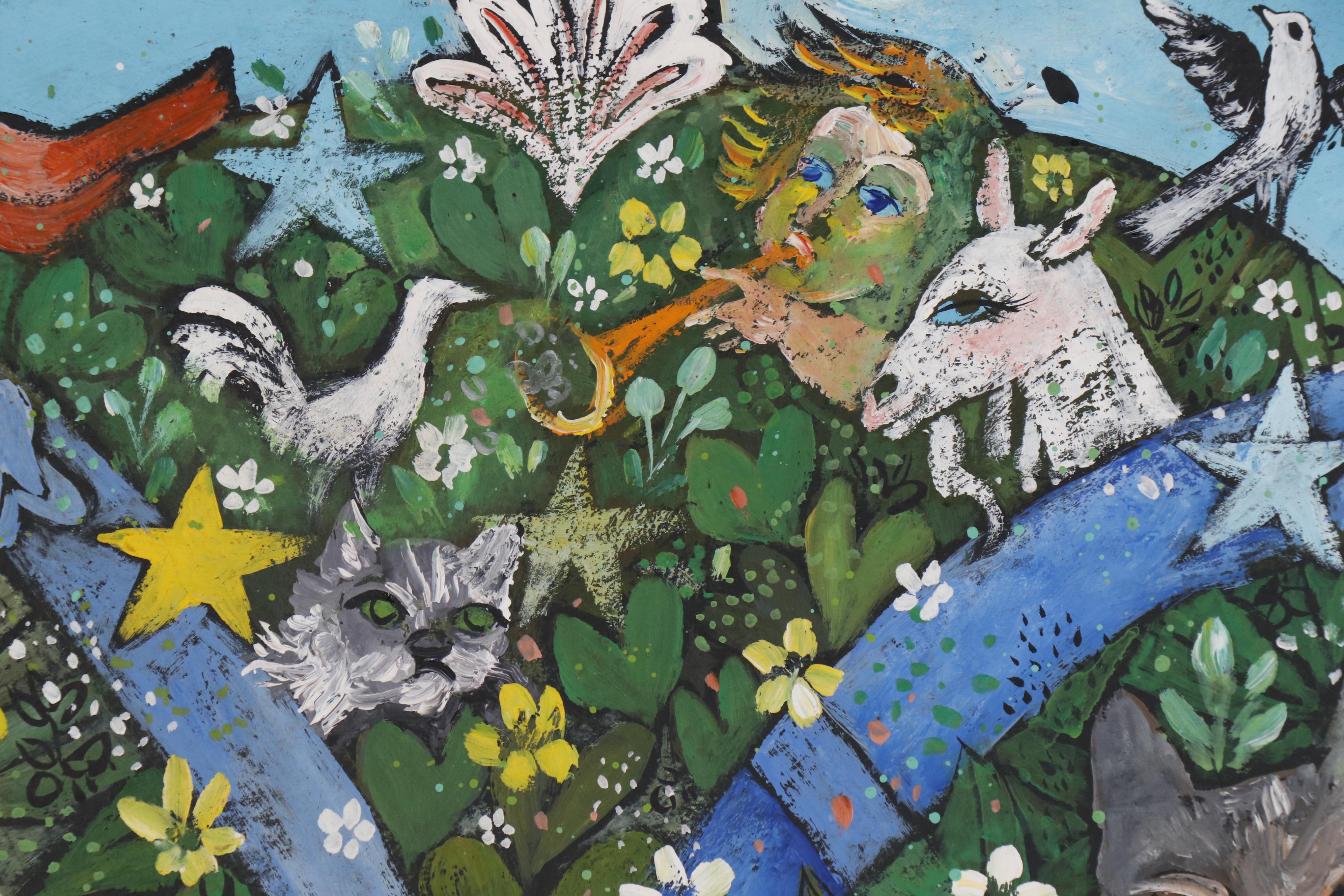 Henry Faulkner Oil Painting "Bunny, Putti, and Cats"