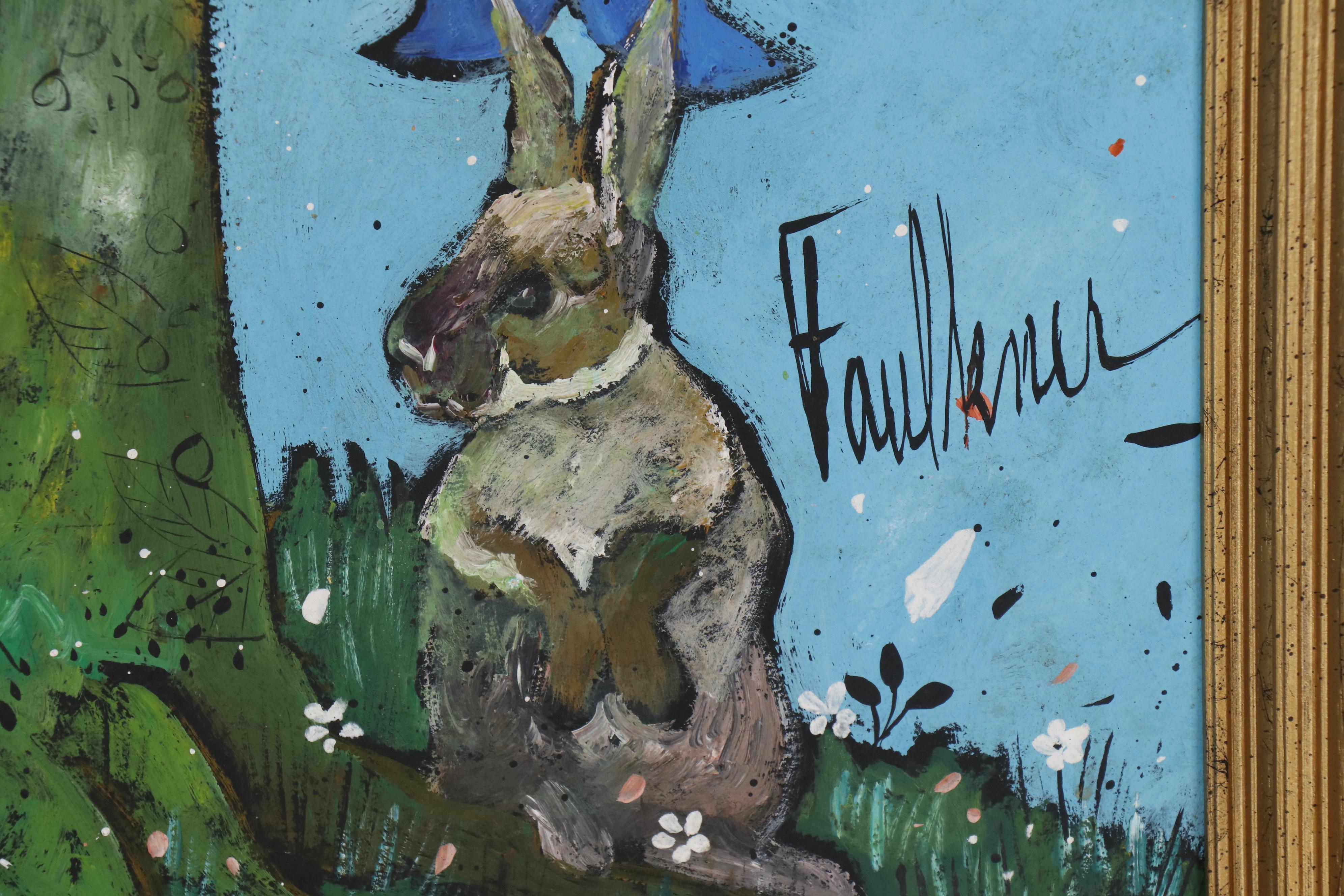 Henry Faulkner Oil Painting "Bunny, Putti, and Cats"