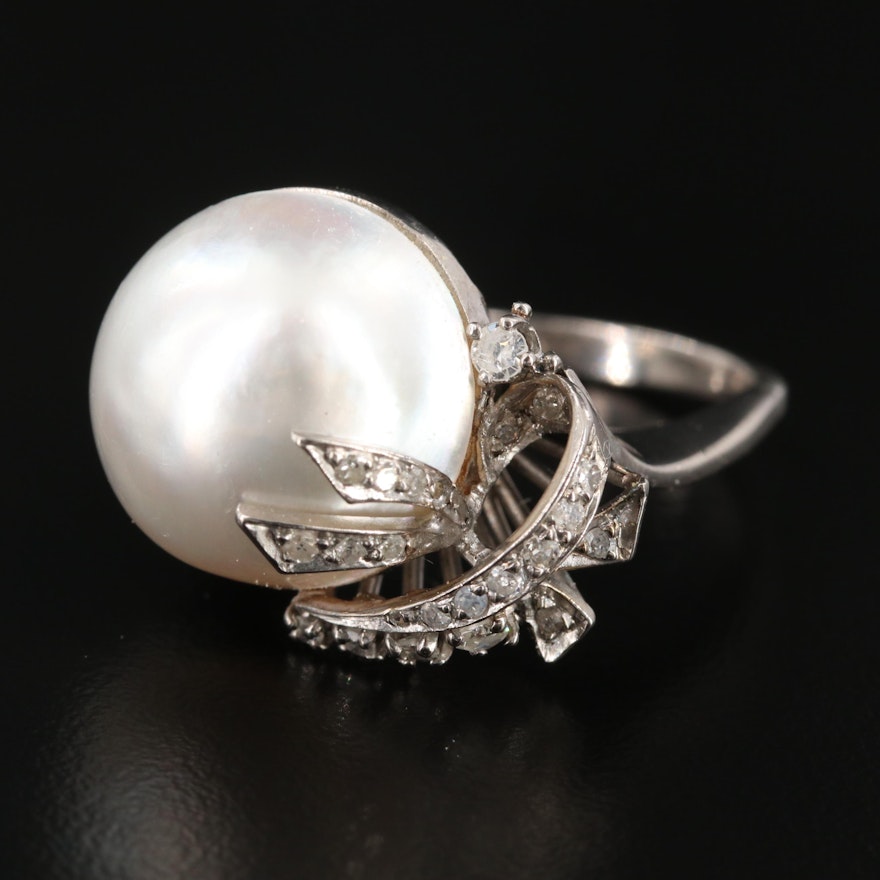 1940s Cultured Pearl and Diamond Ring