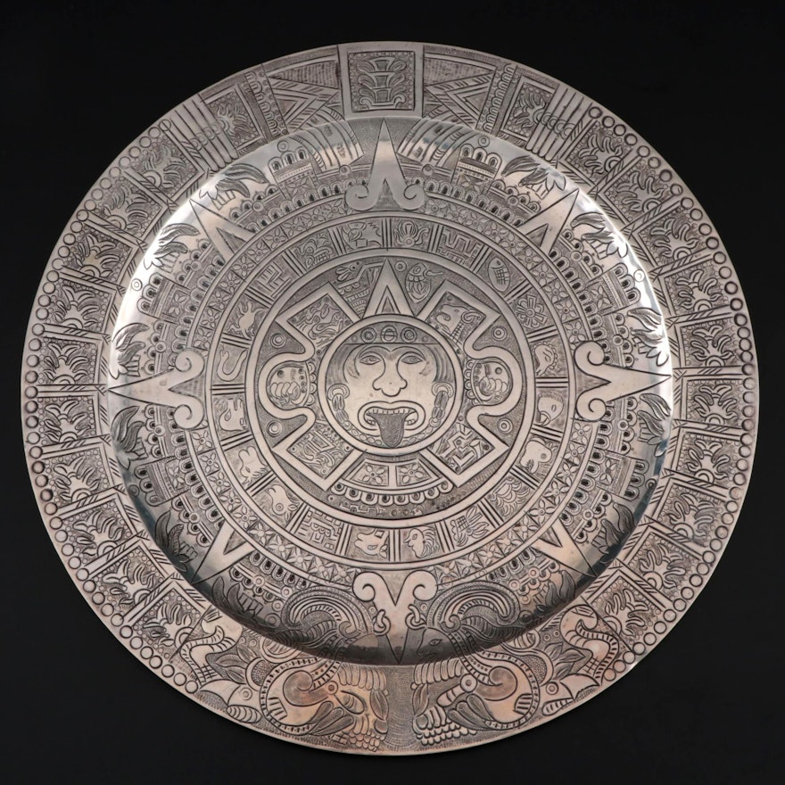 Mexican Silver Tone Metal Aztec Calendar Plate
