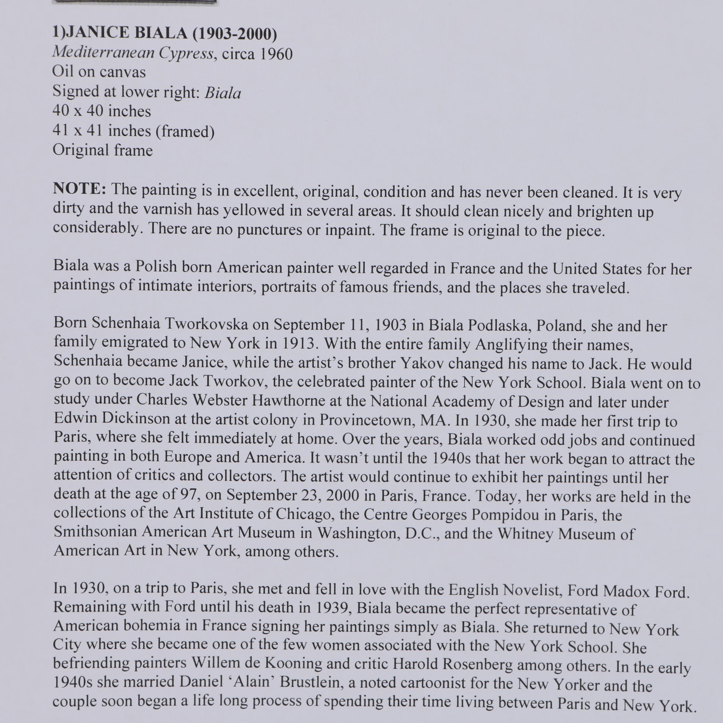 Janice Biala Oil Painting of Mediterranean Cypress, Circa 1960