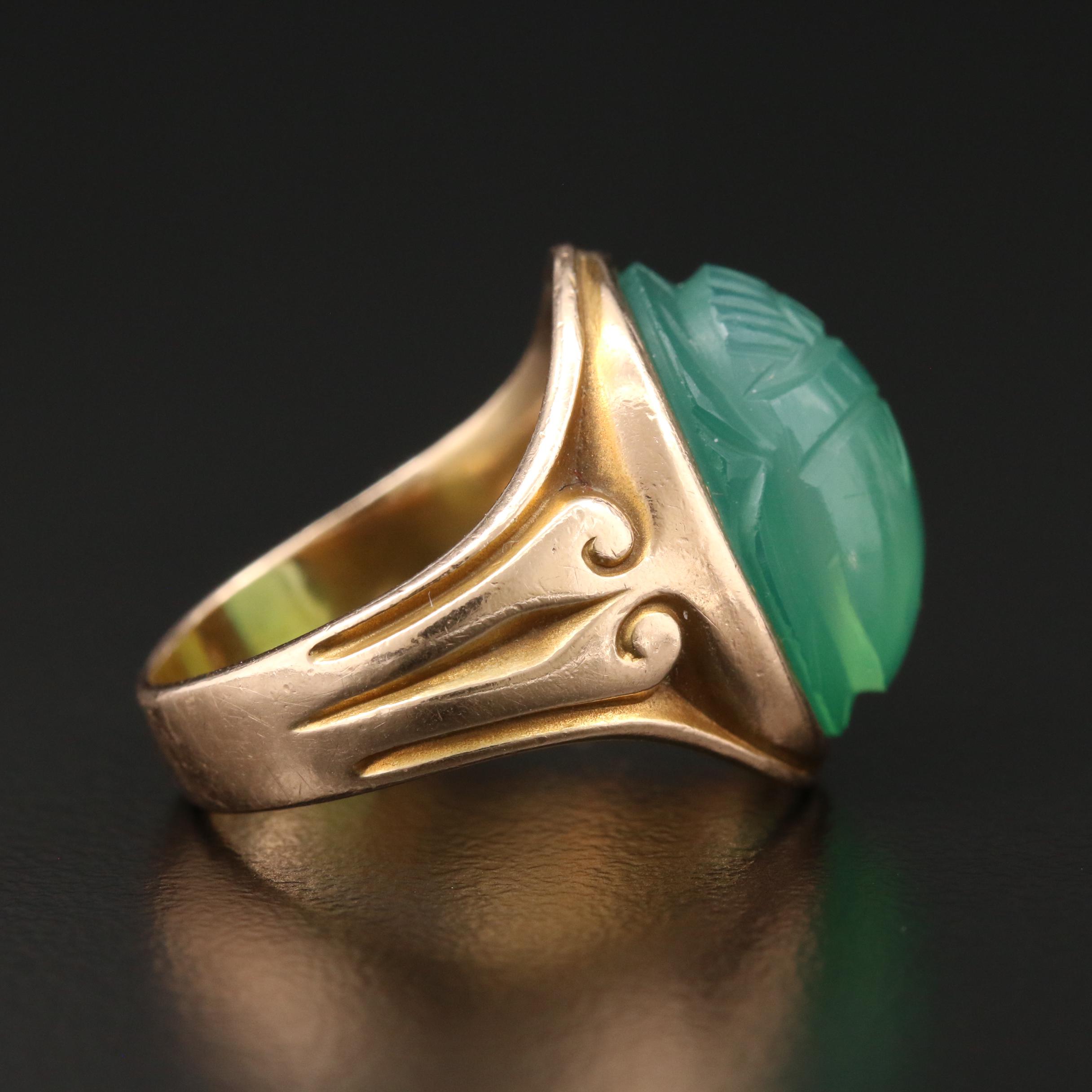 Vintage 14K Yellow Gold Chalcedony Scarab Ring