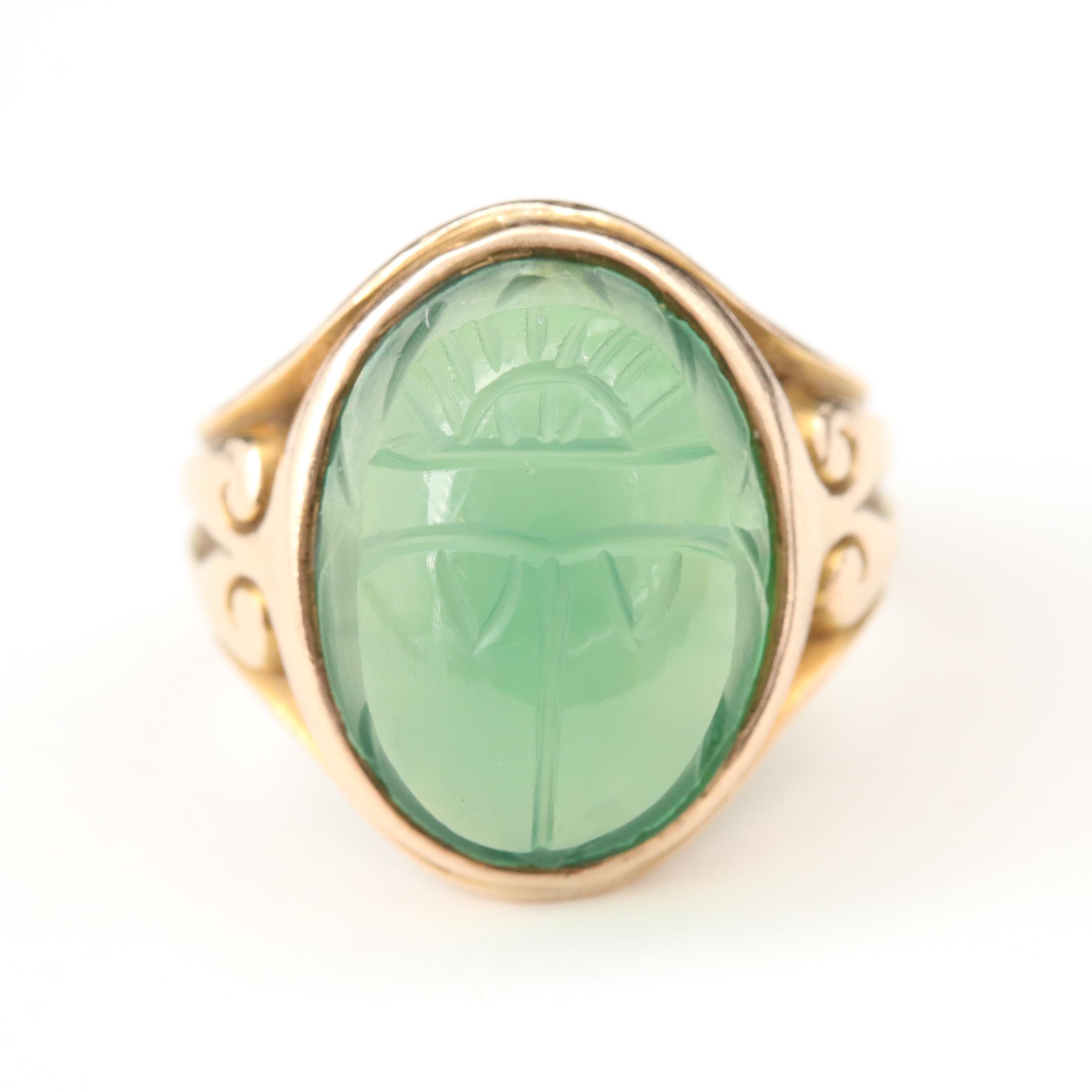 Vintage 14K Yellow Gold Chalcedony Scarab Ring