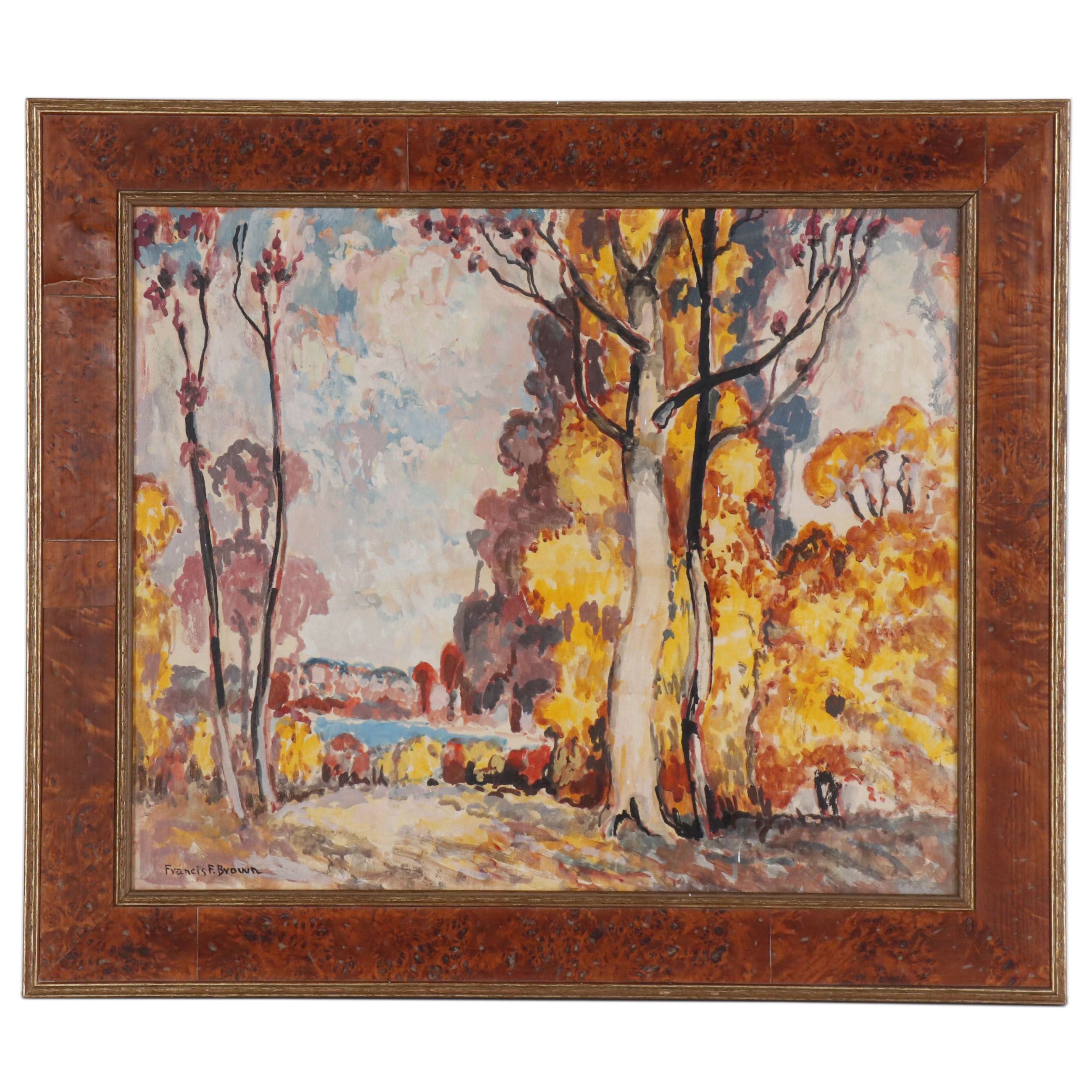 Francis F. Brown Tempera Landscape Painting "Autumn's Golden Gown"