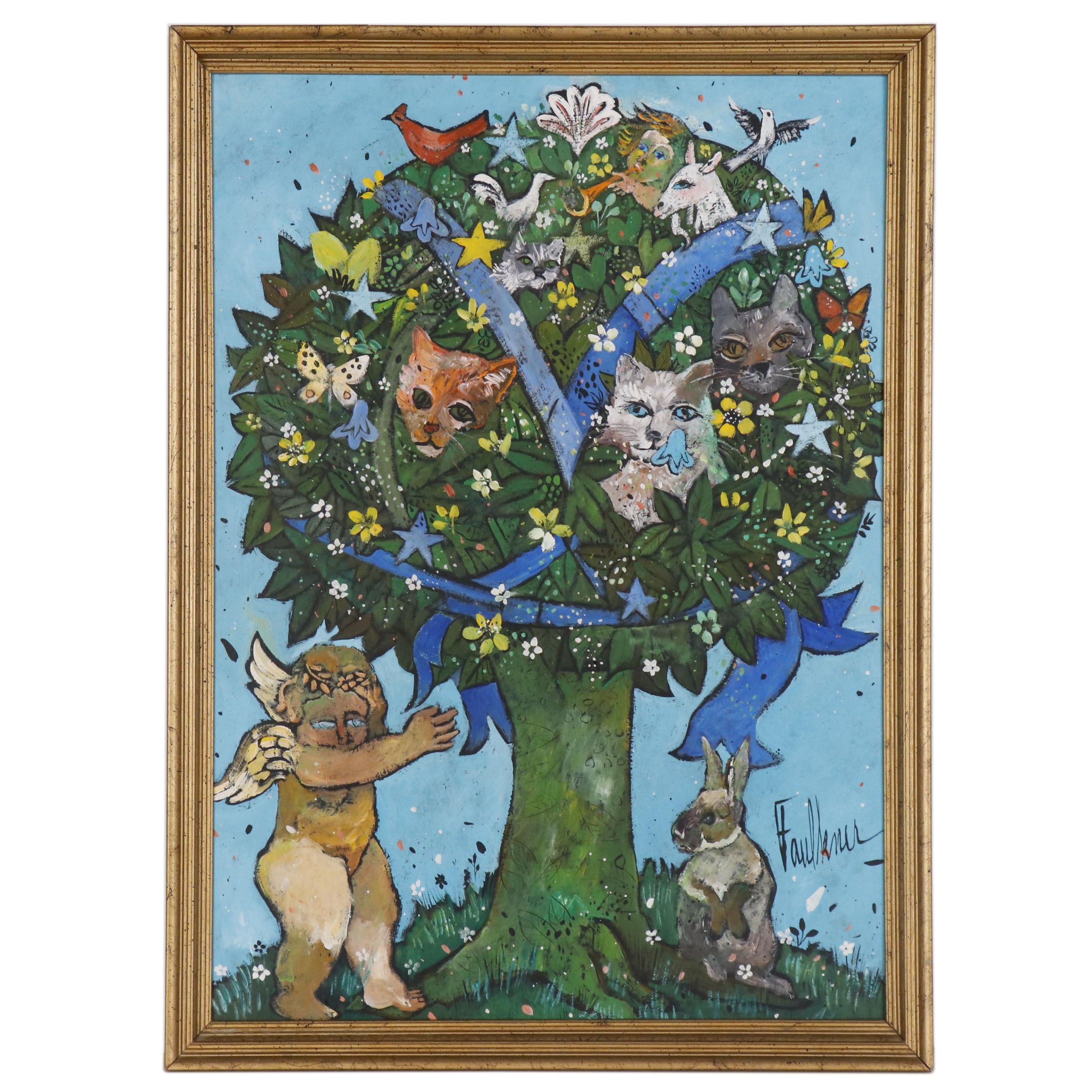 Henry Faulkner Oil Painting "Bunny, Putti, and Cats"