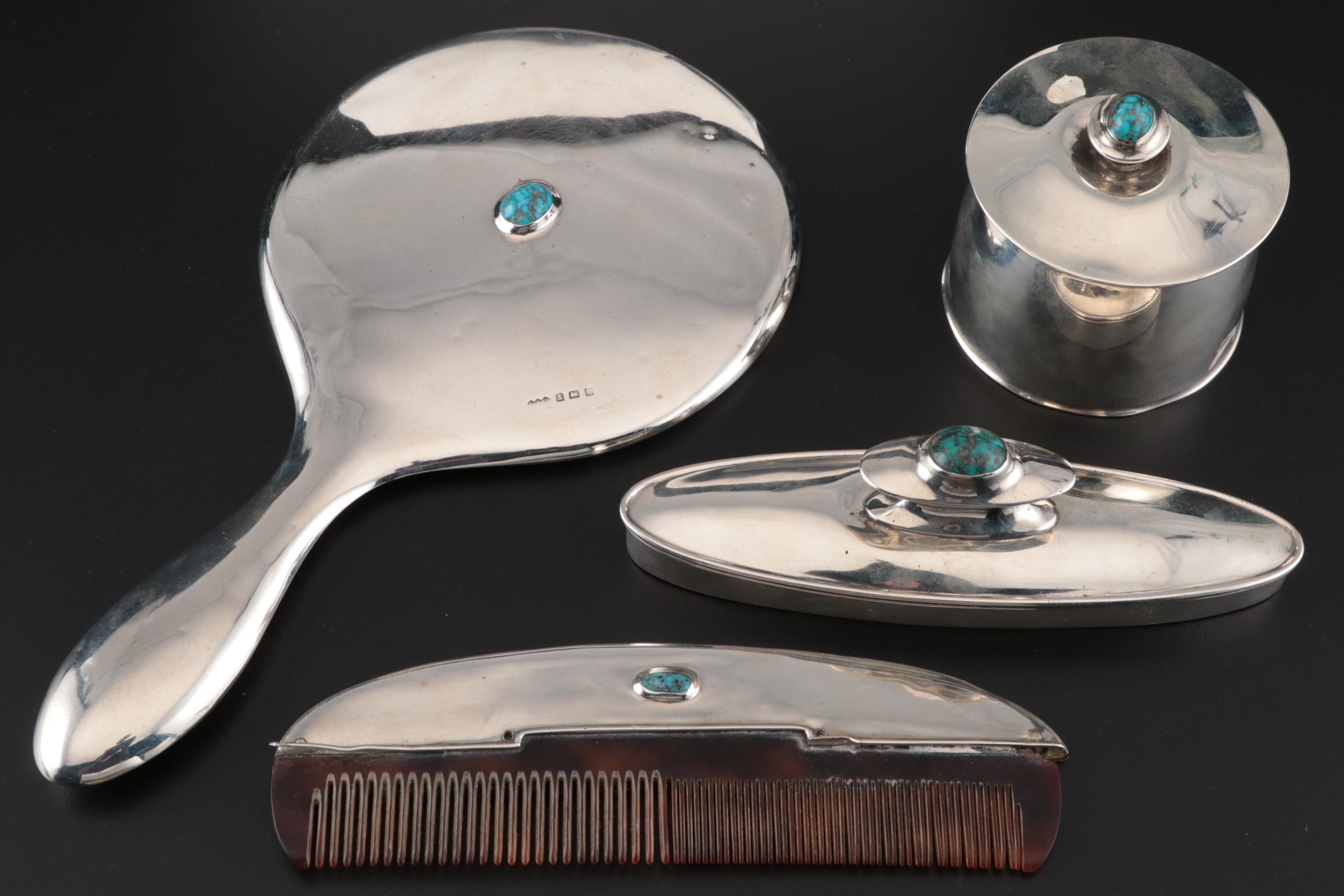 Antique Liberty & Co. Sterling Silver and Turquoise Vanity Set, 1909