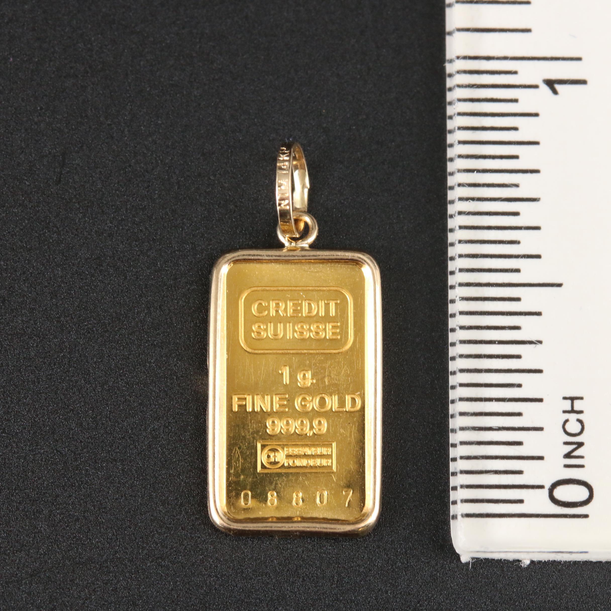 One Gram 24K Yellow Gold Credit Suisse Gold Ingot Pendant Set in 14K Gold