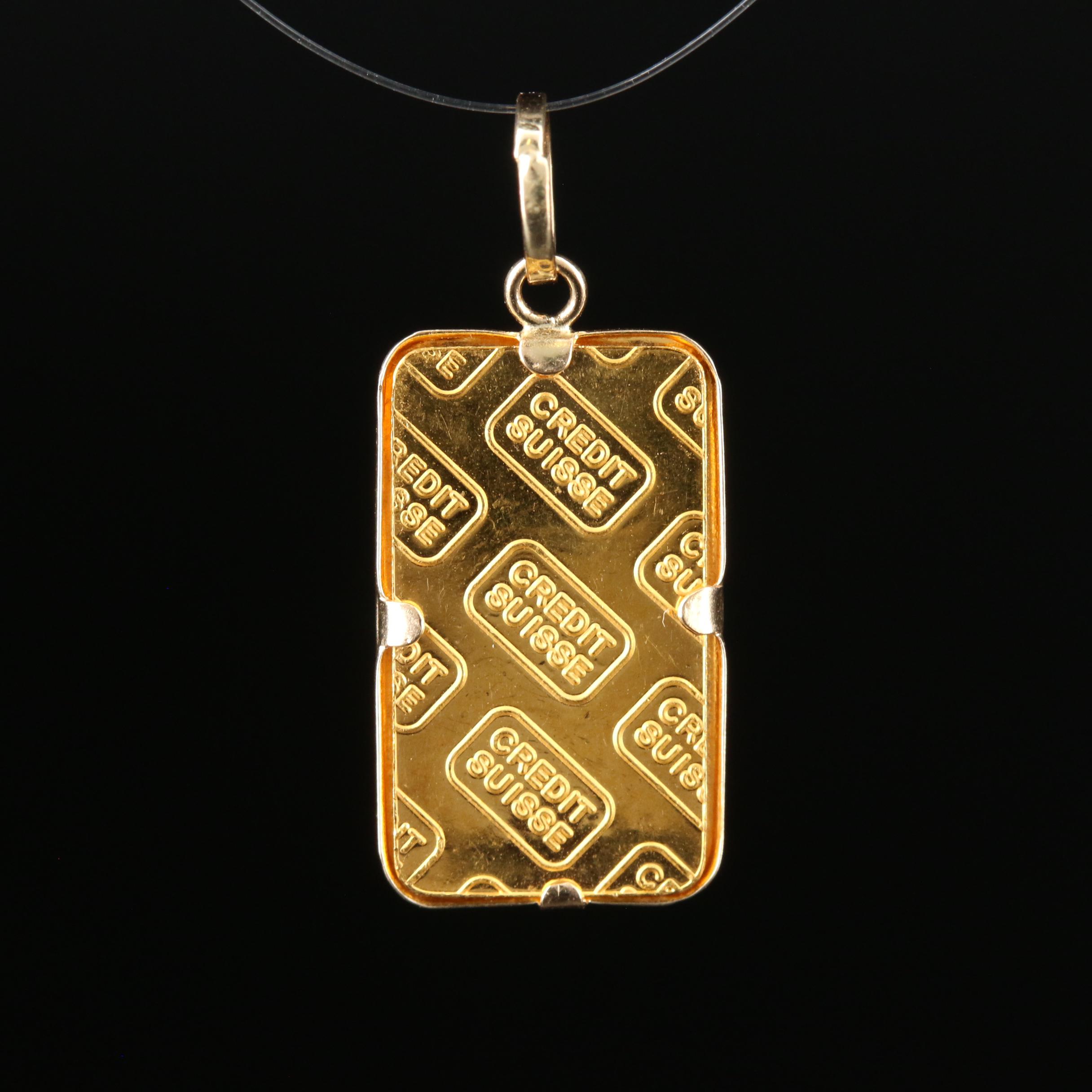 One Gram 24K Yellow Gold Credit Suisse Gold Ingot Pendant Set in 14K Gold