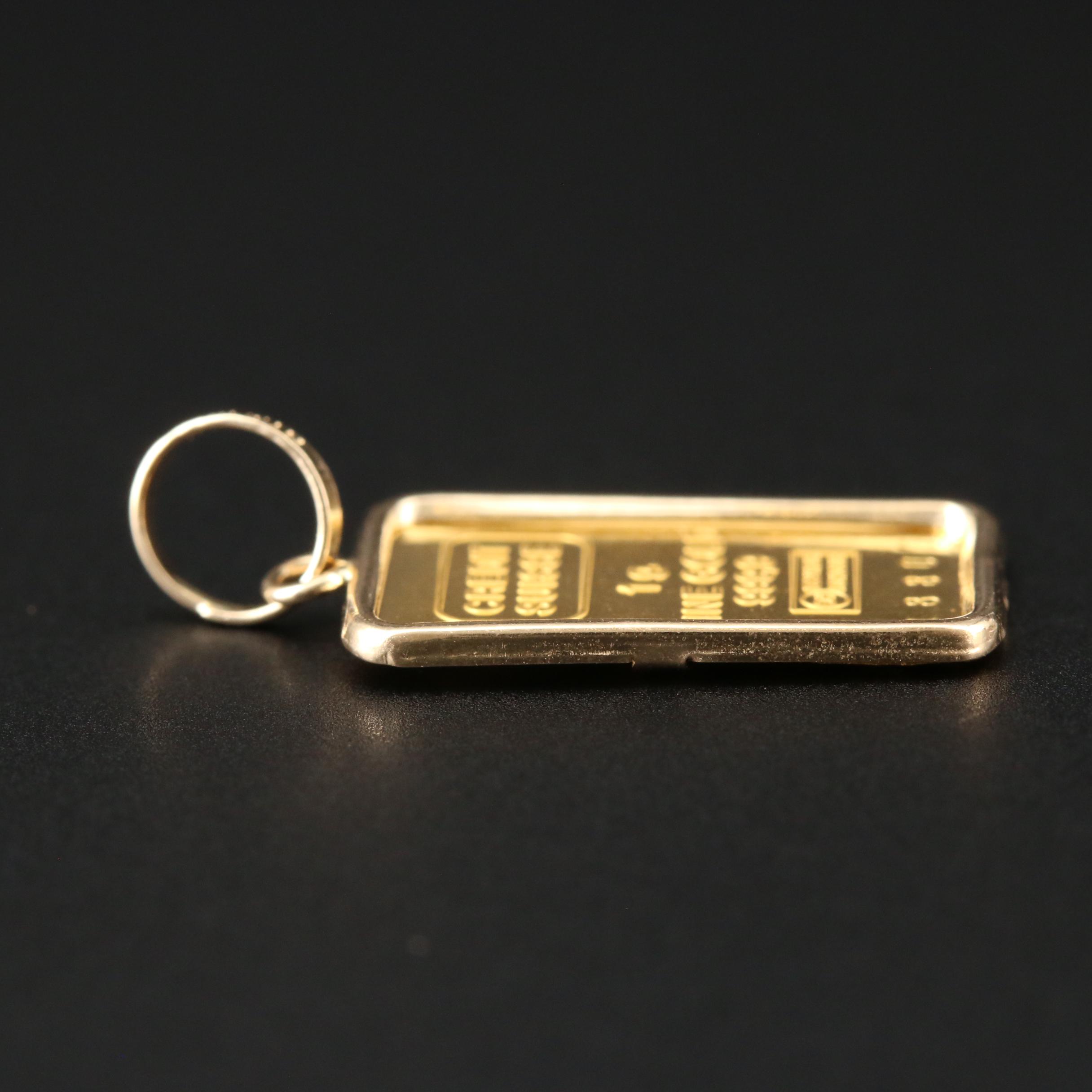 One Gram 24K Yellow Gold Credit Suisse Gold Ingot Pendant Set in 14K Gold