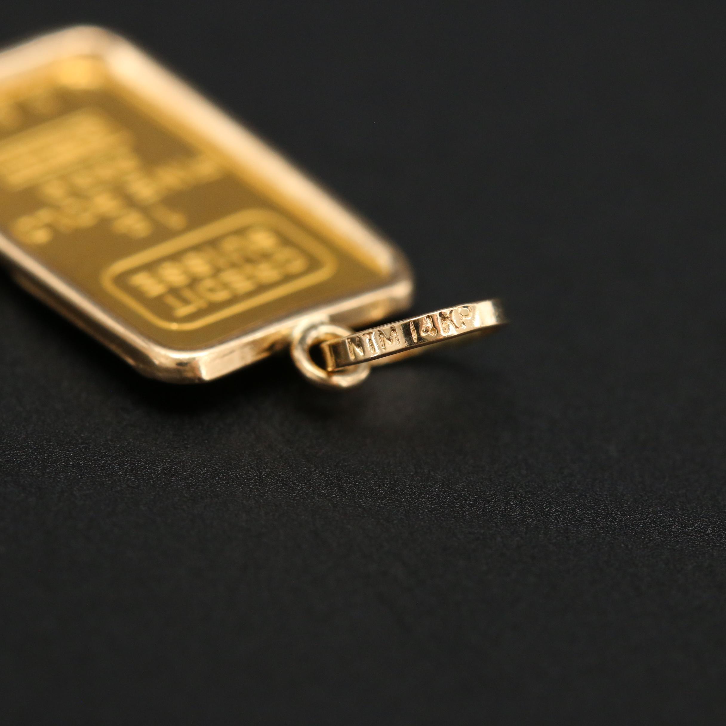 One Gram 24K Yellow Gold Credit Suisse Gold Ingot Pendant Set in 14K Gold