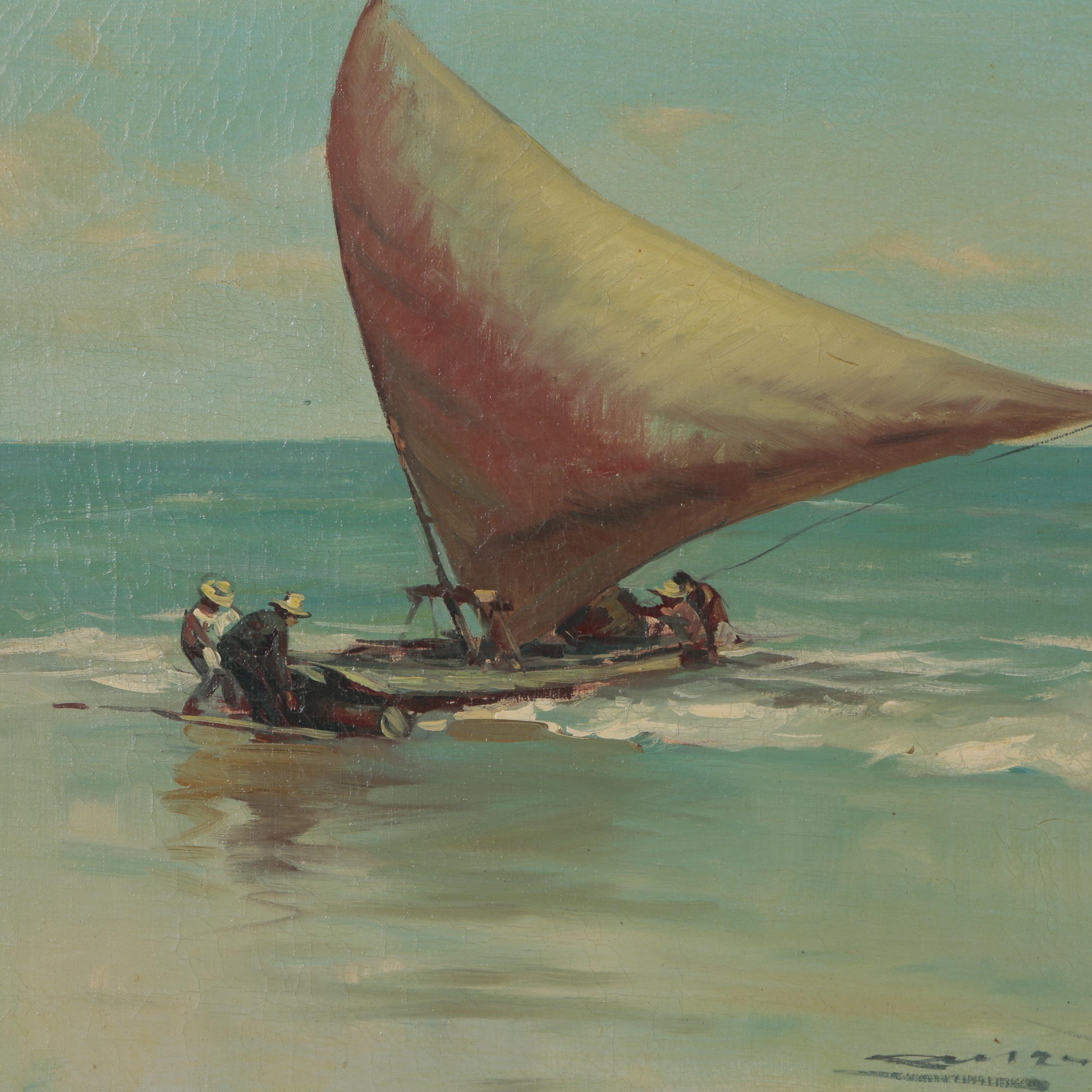 Oil Painting of Tropical Ocean Scene with Sailing Raft