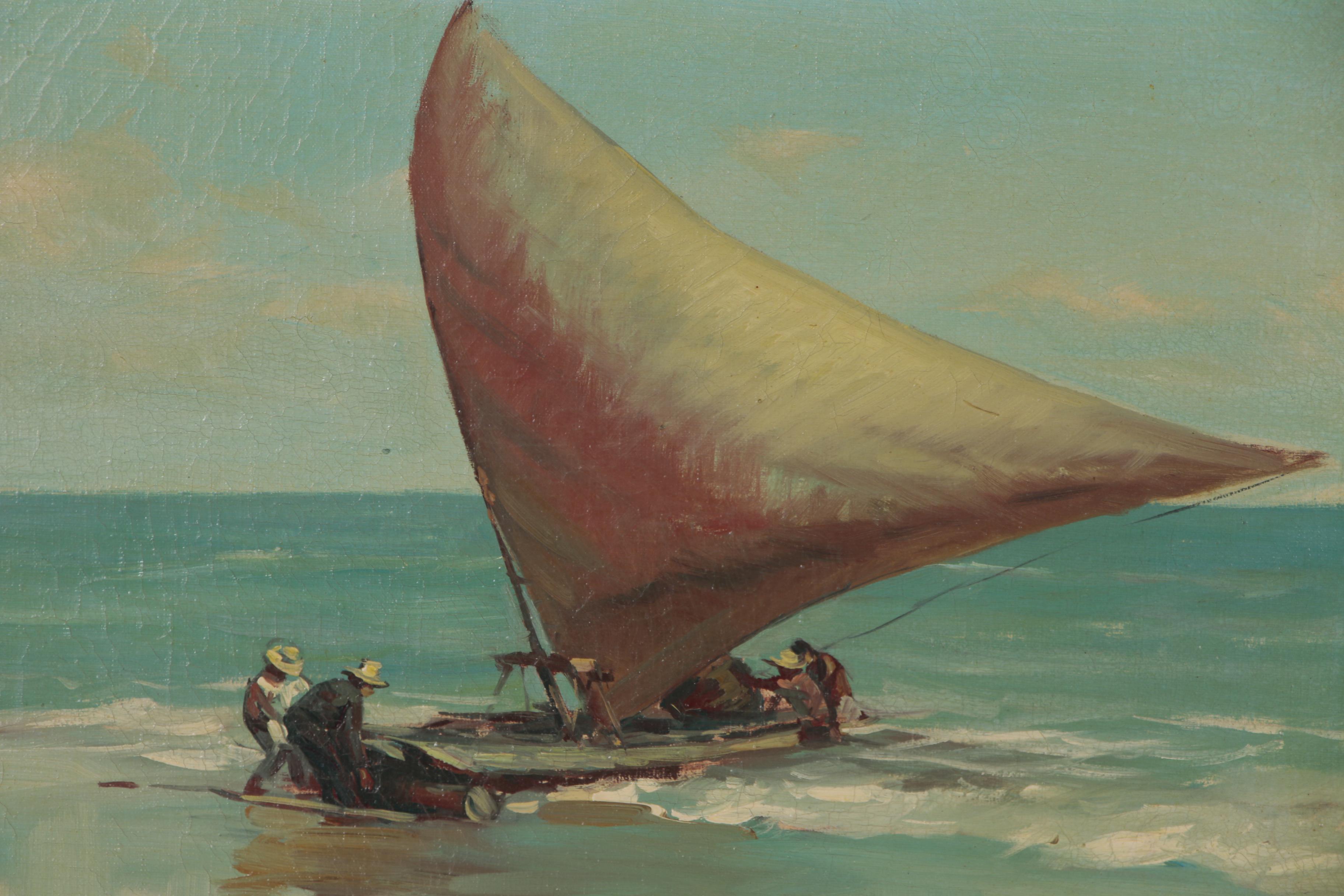 Oil Painting of Tropical Ocean Scene with Sailing Raft