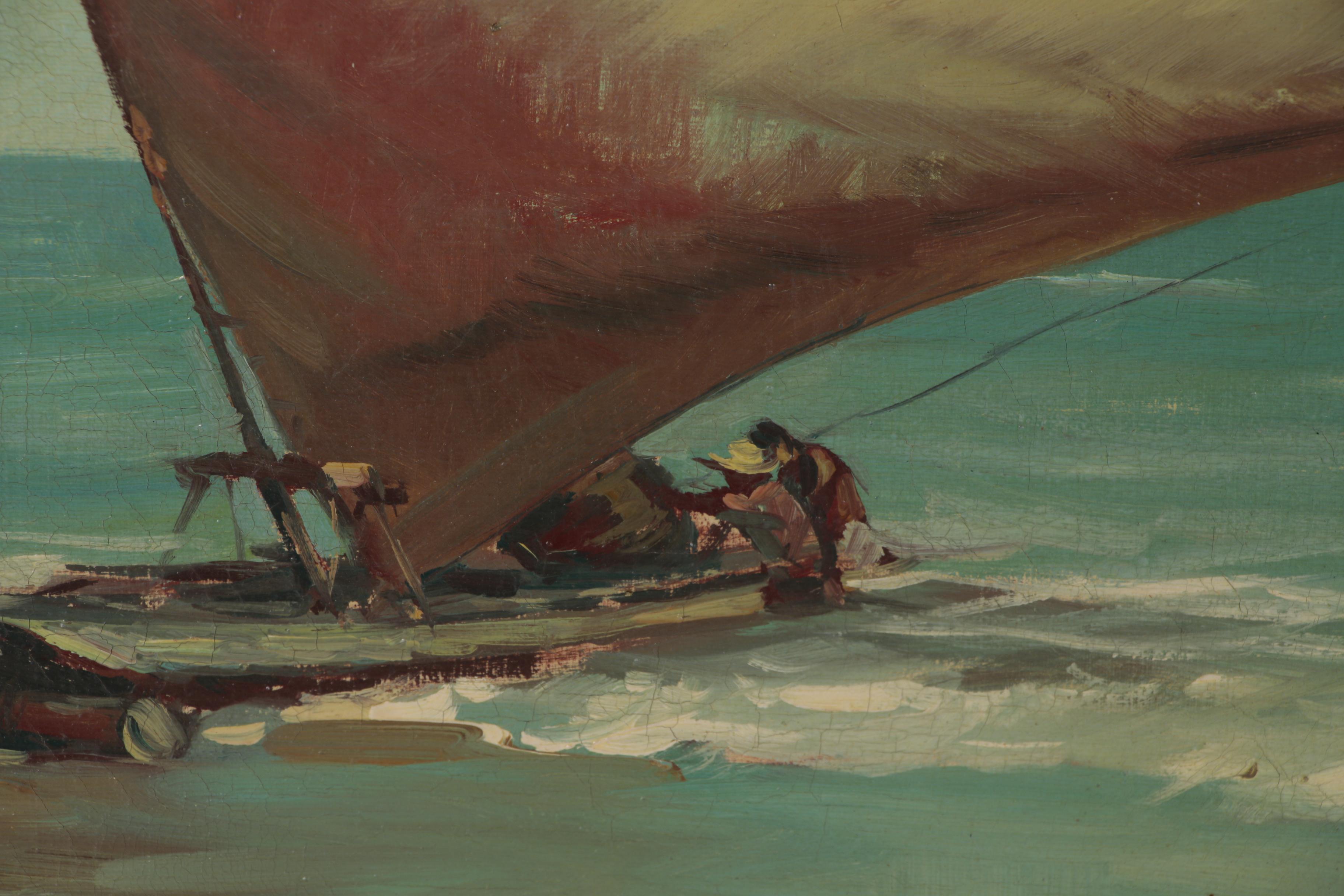 Oil Painting of Tropical Ocean Scene with Sailing Raft