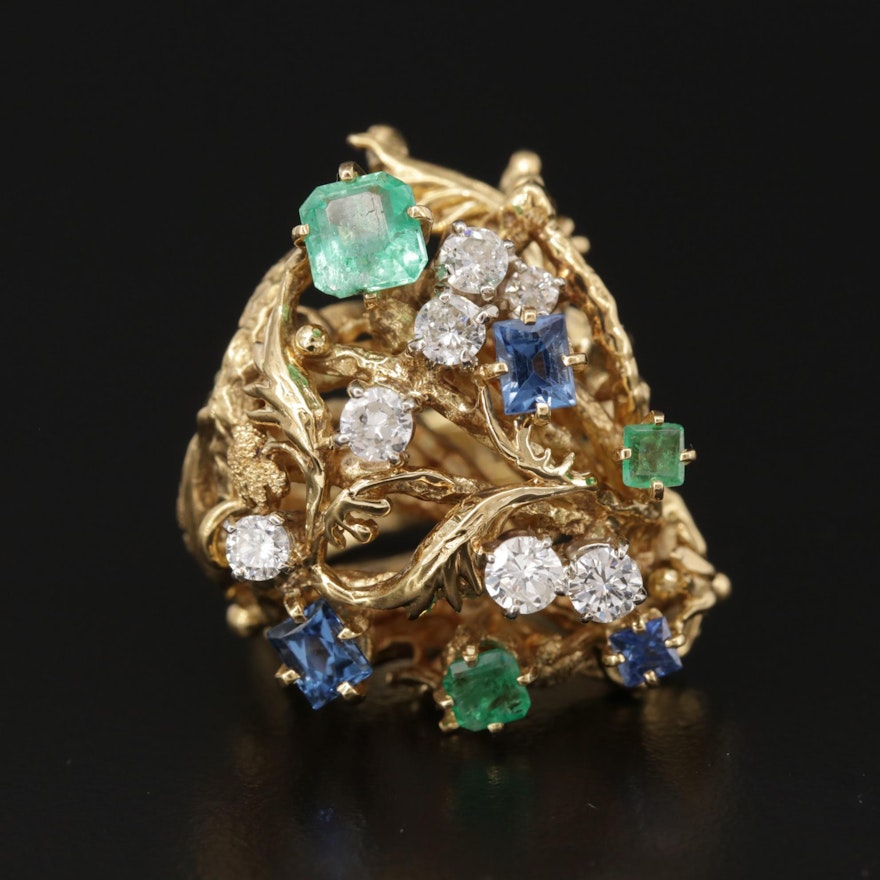 Vintage 18K Yellow Gold Emerald, Sapphire and Diamond Biomorphic Ring