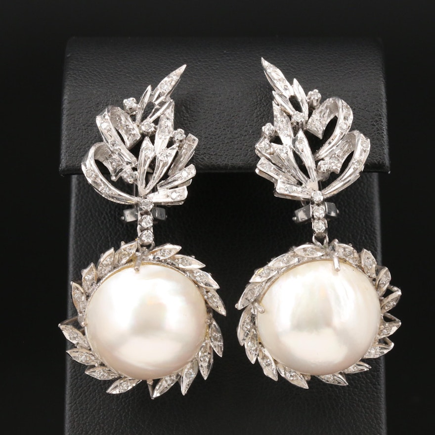 10K White Gold Cultured Pearl and Diamond Drop Earrings