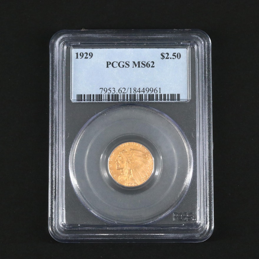 PCGS Graded MS62 1929 Indian Head $2 1/2 Gold Coin