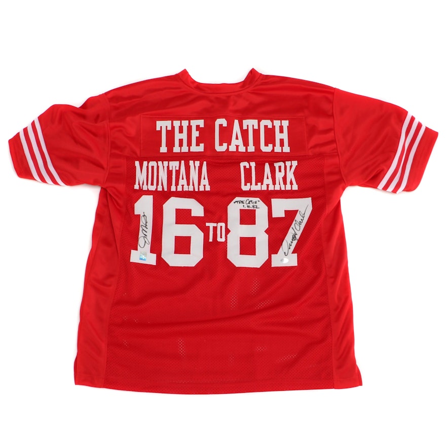 Joe Montana and Dwight Clark Dual Signed 49ers Jersey "The Catch"   COA