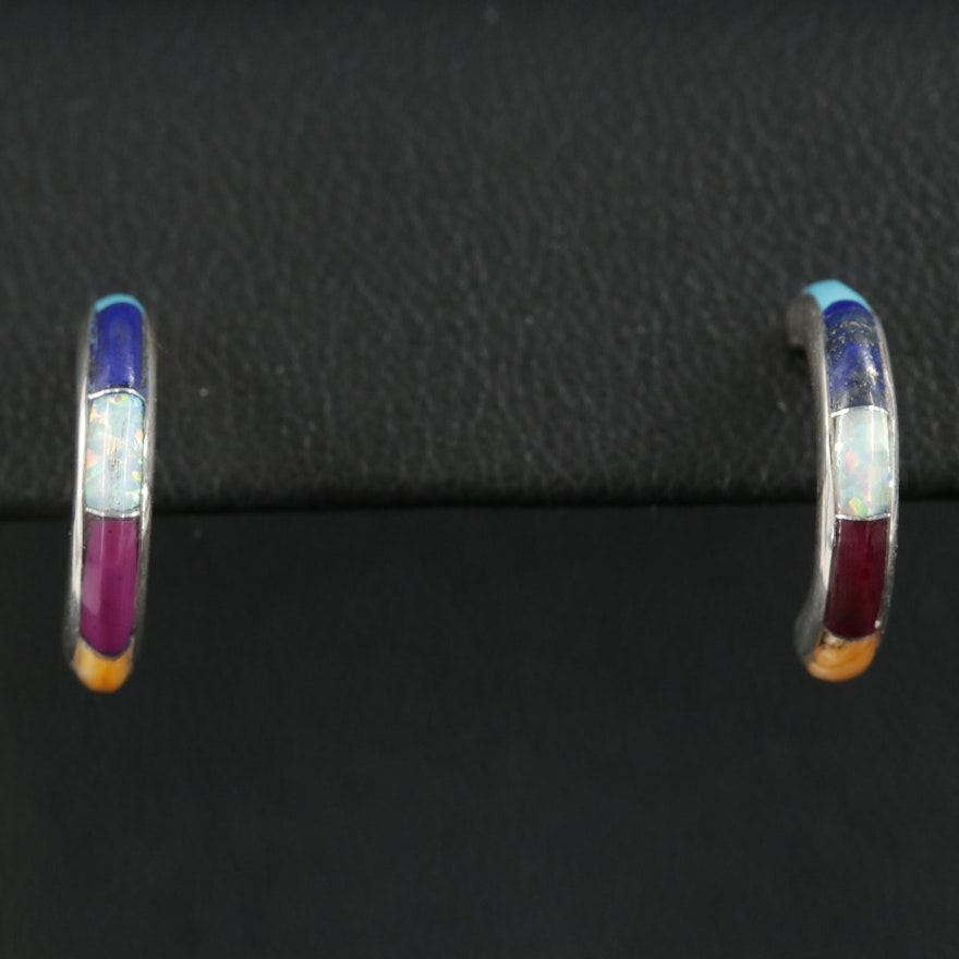 Sheryl Martinez Navajo Diné Sterling Gemstone Inlay J Hoop Earrings