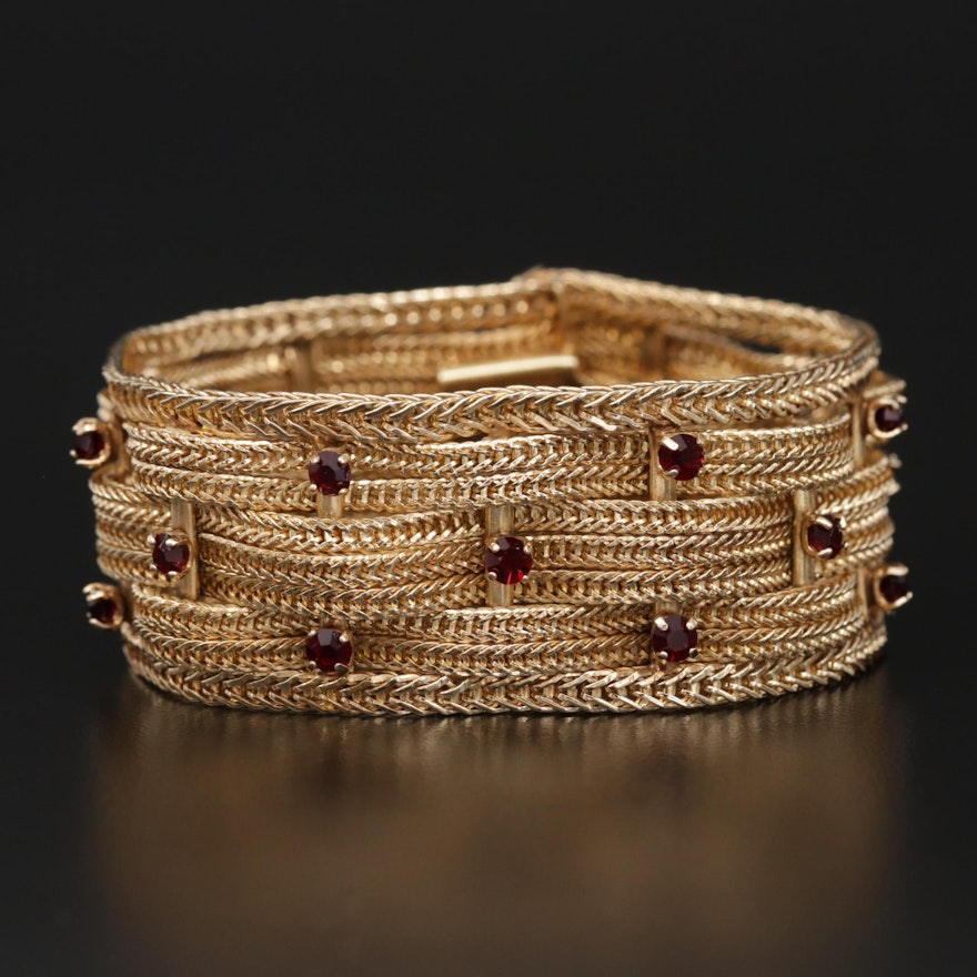 Vintage 14K Yellow Gold Basket Weave Mesh Bracelet with Red Glass Accents