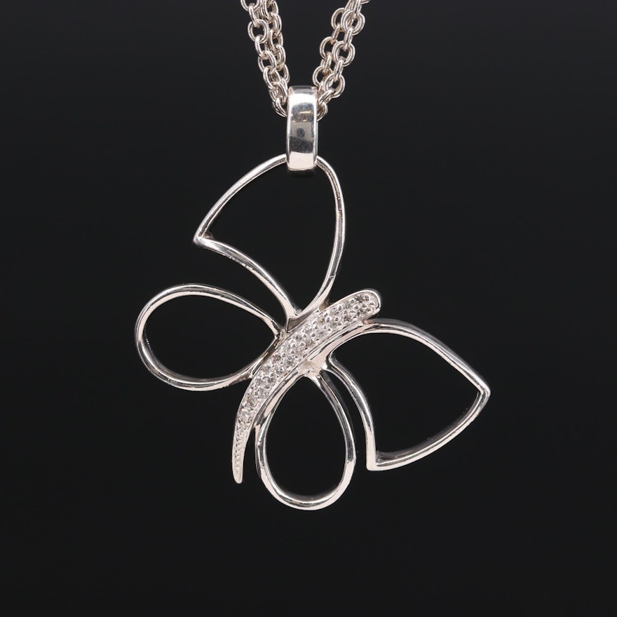 Fine Silver Diamond Butterfly Pendant on Cable Chain Necklace