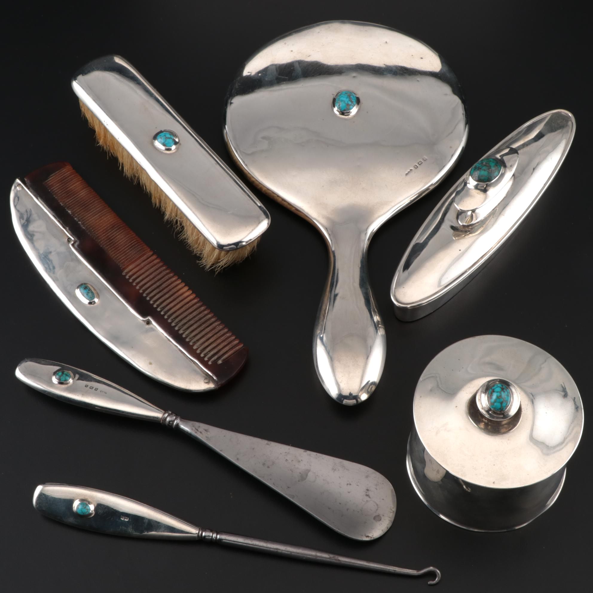 Antique Liberty & Co. Sterling Silver and Turquoise Vanity Set, 1909