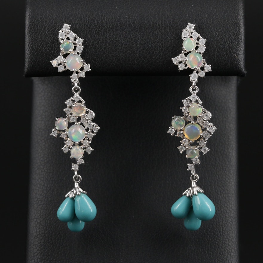 Sterling Silver Opal, Cubic Zirconia and Imitation Turquoise Dangle Earrings