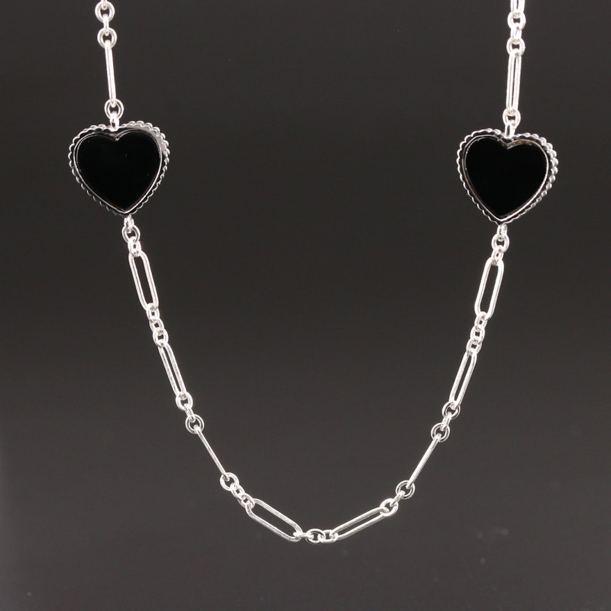 Sterling Silver Black Onyx Heart Station Necklace