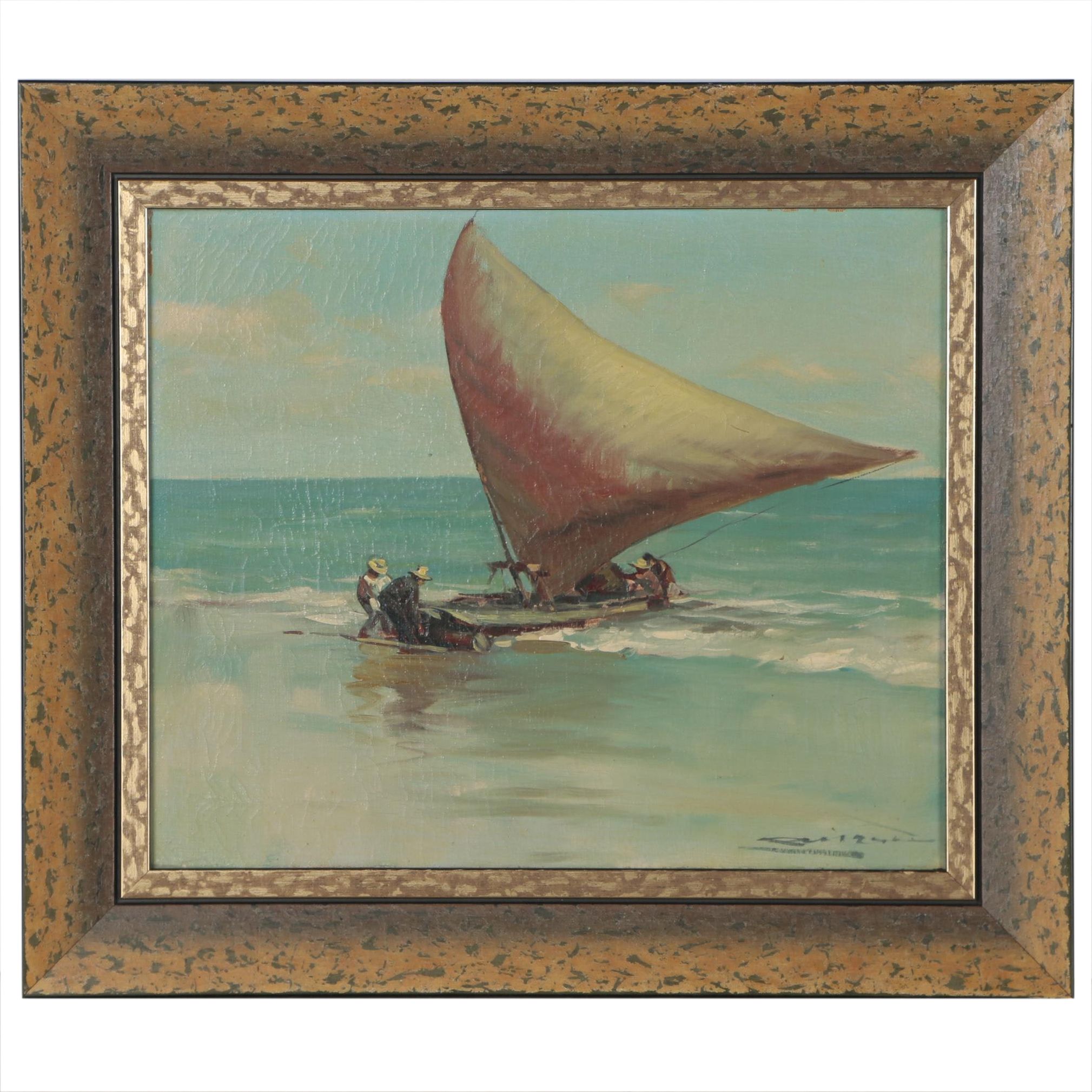 Oil Painting of Tropical Ocean Scene with Sailing Raft