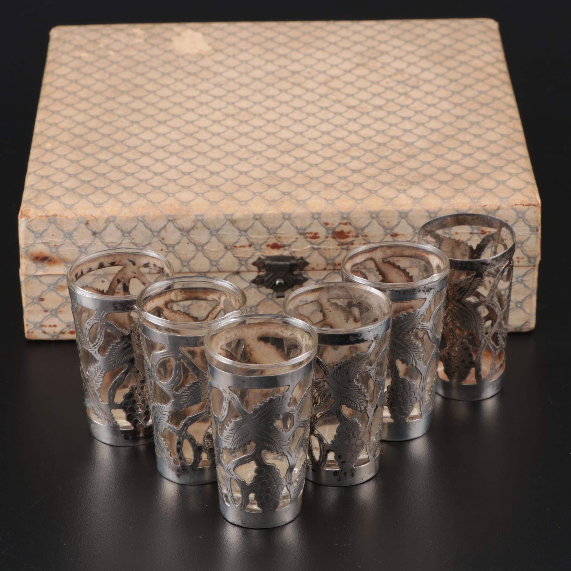 Mexican Glass Shot Glasses with Sterling Silver Overlay, Mid-Century