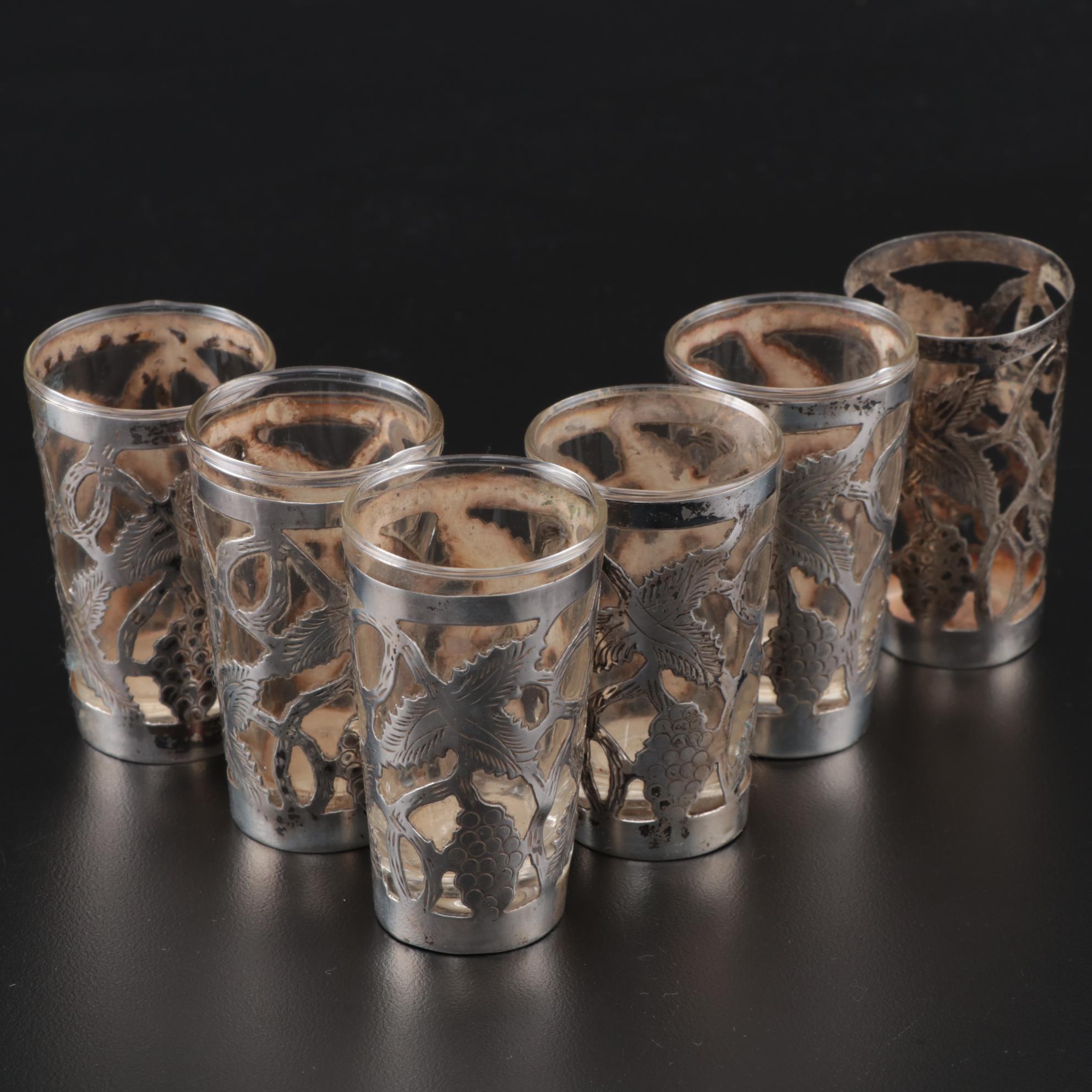Mexican Glass Shot Glasses with Sterling Silver Overlay, Mid-Century