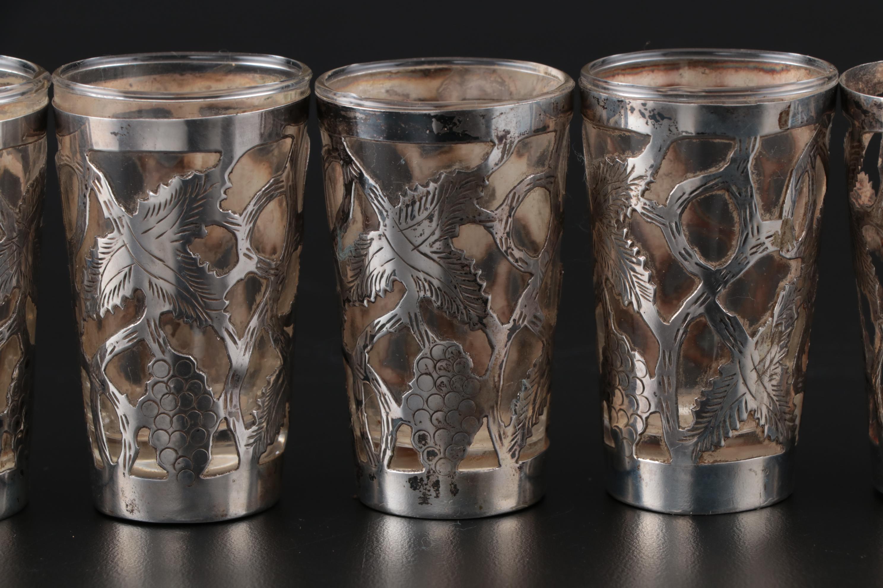 Mexican Glass Shot Glasses with Sterling Silver Overlay, Mid-Century