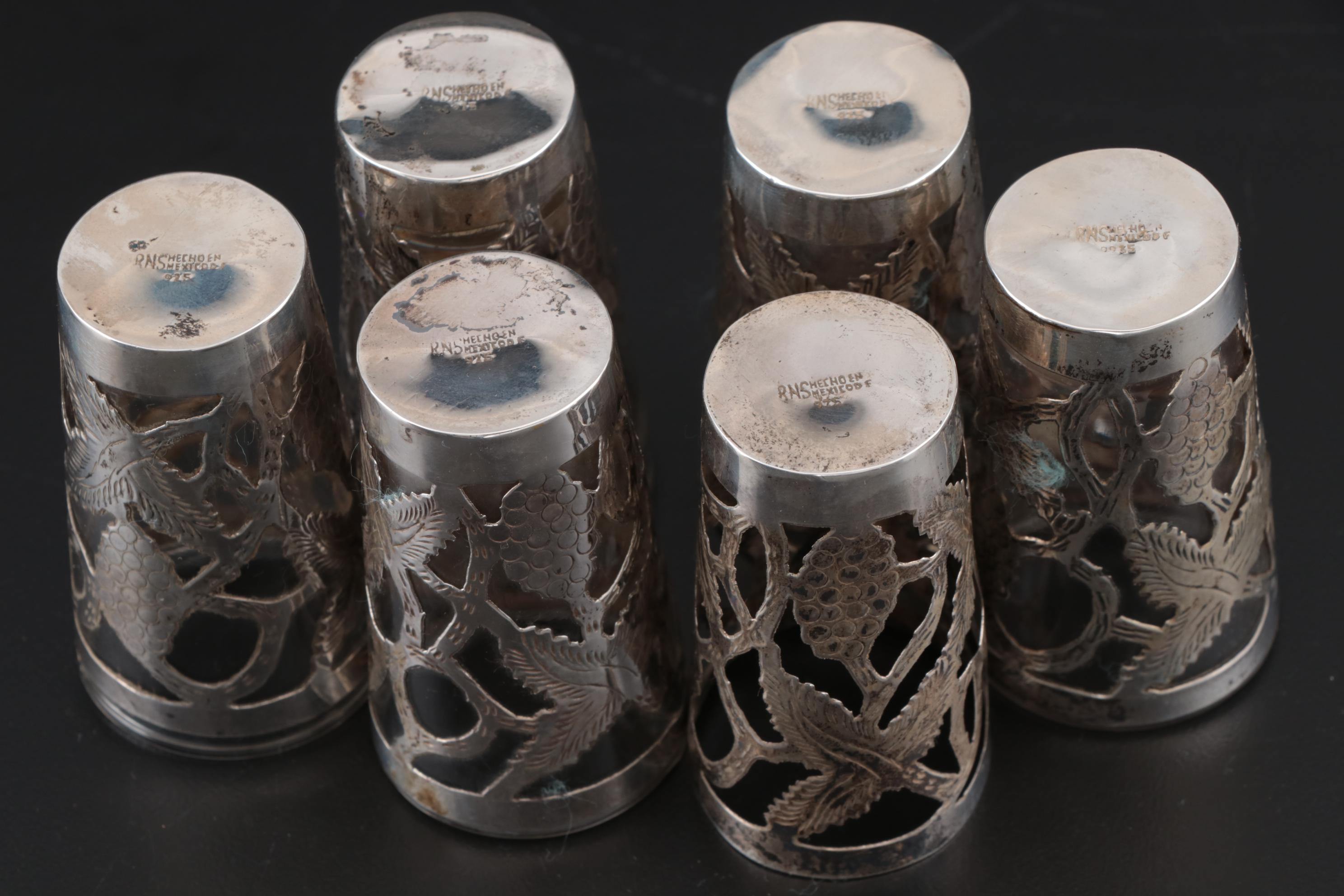 Mexican Glass Shot Glasses with Sterling Silver Overlay, Mid-Century