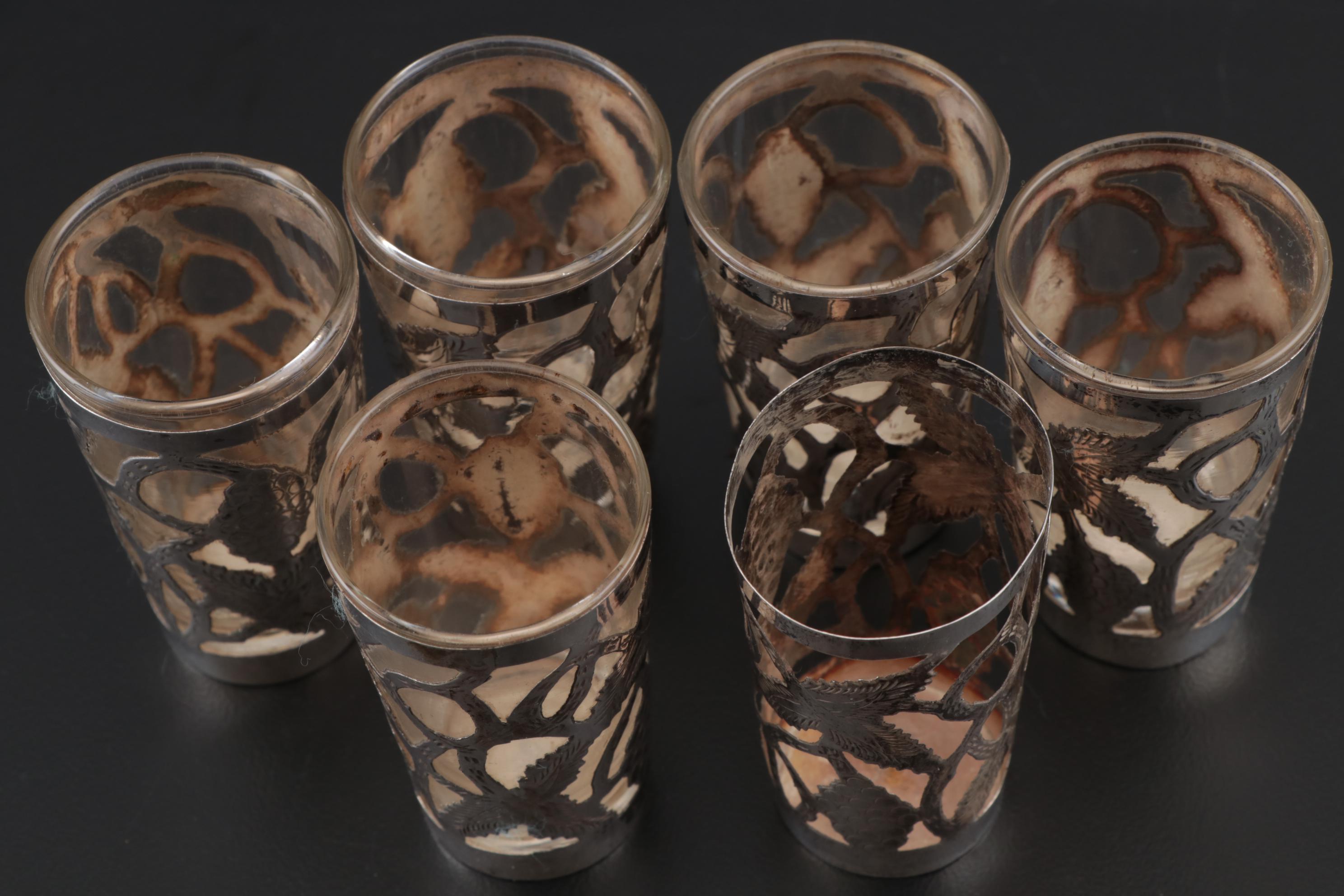 Mexican Glass Shot Glasses with Sterling Silver Overlay, Mid-Century