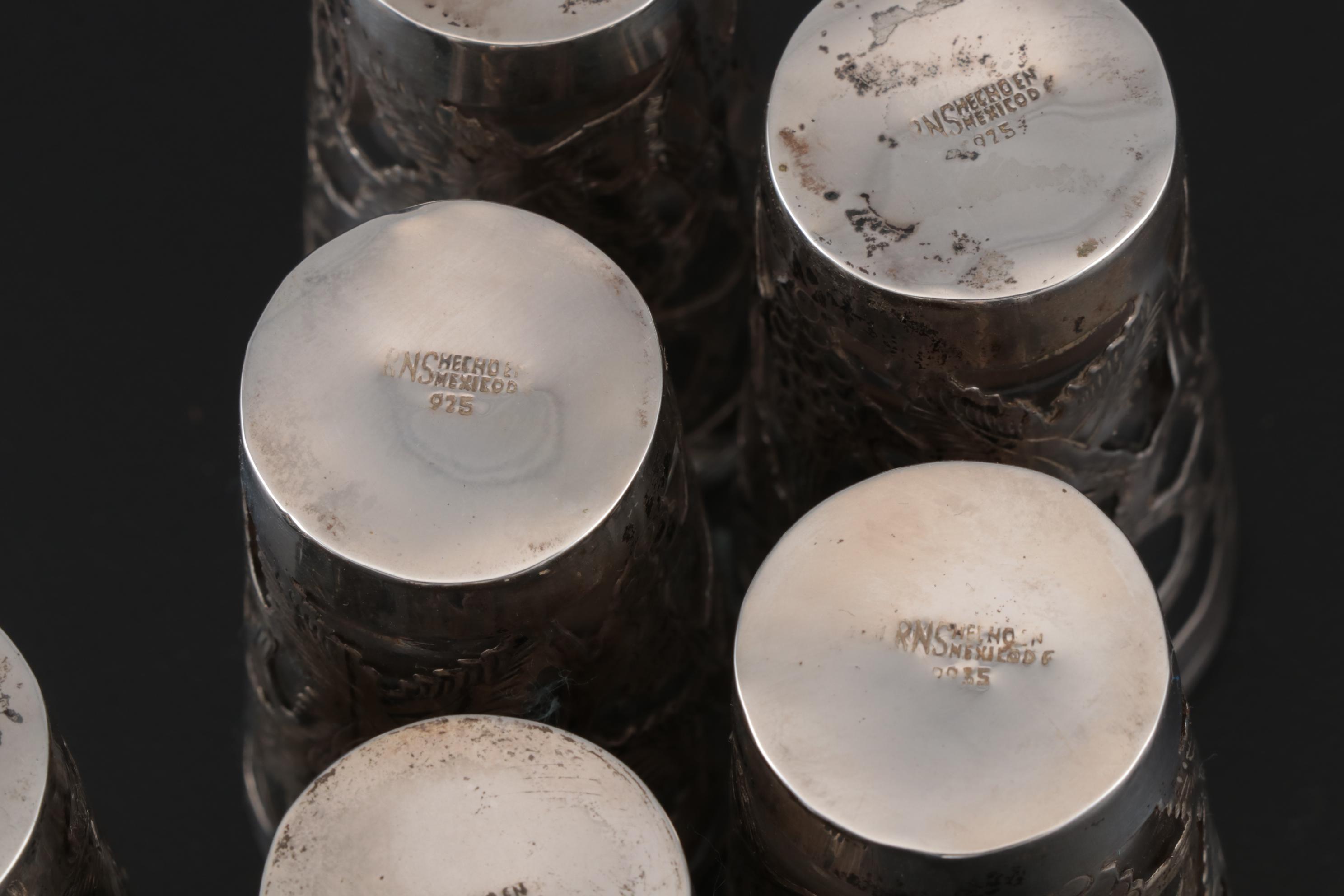 Mexican Glass Shot Glasses with Sterling Silver Overlay, Mid-Century