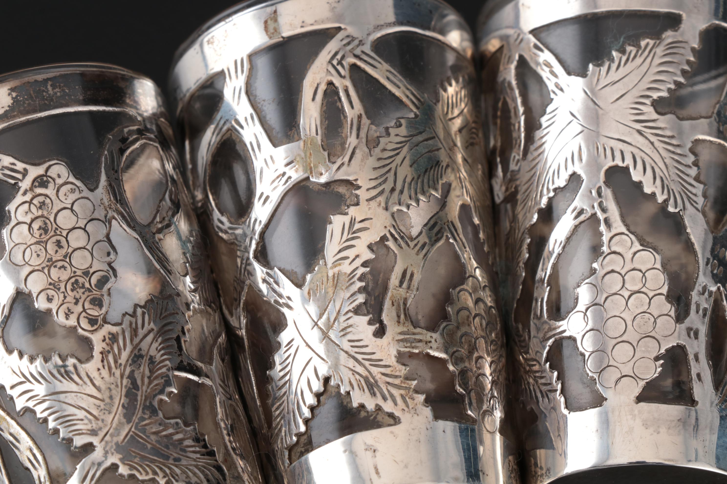 Mexican Glass Shot Glasses with Sterling Silver Overlay, Mid-Century