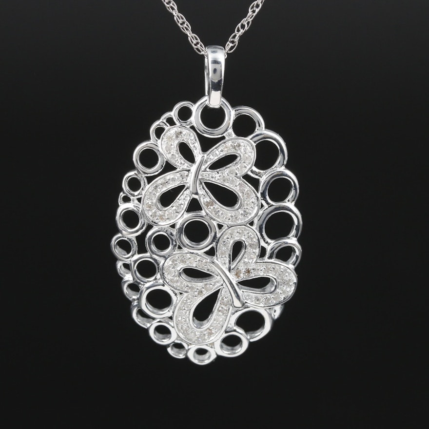Fine Silver Diamond Butterfly Pendant on Sterling Silver Chain Necklace