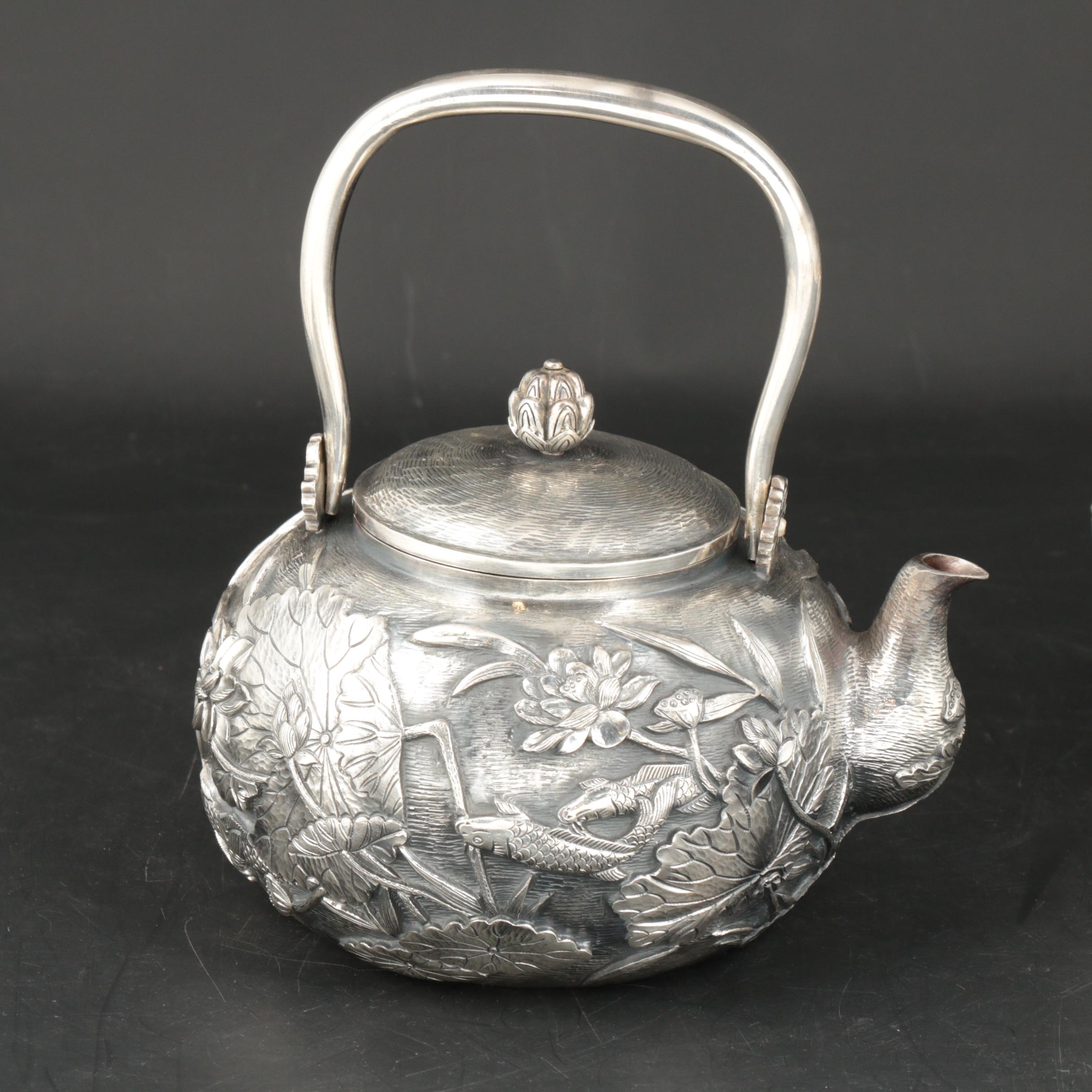 Konoike Japanese Sterling Silver Teapot and Tea Caddy, Meiji Period