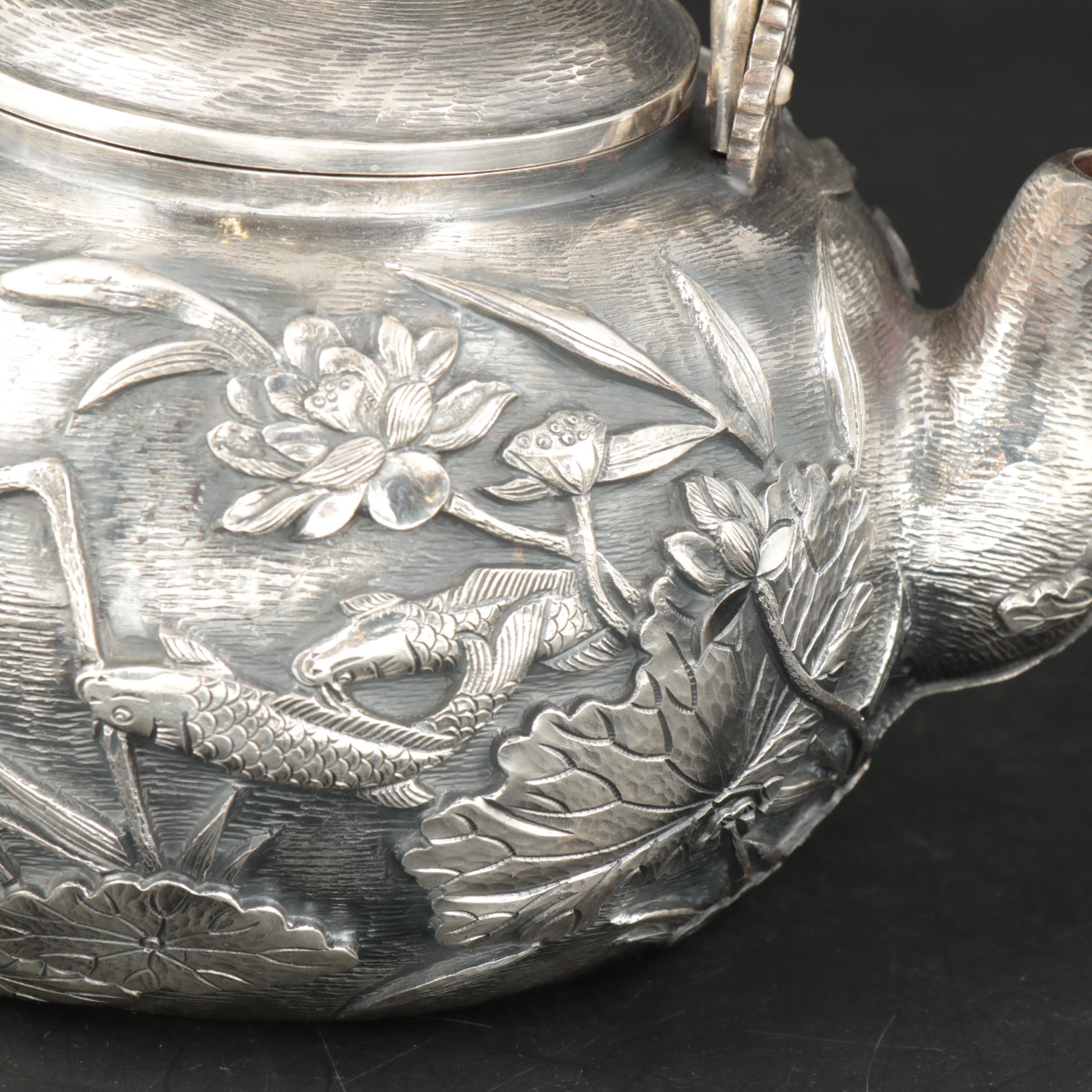 Konoike Japanese Sterling Silver Teapot and Tea Caddy, Meiji Period