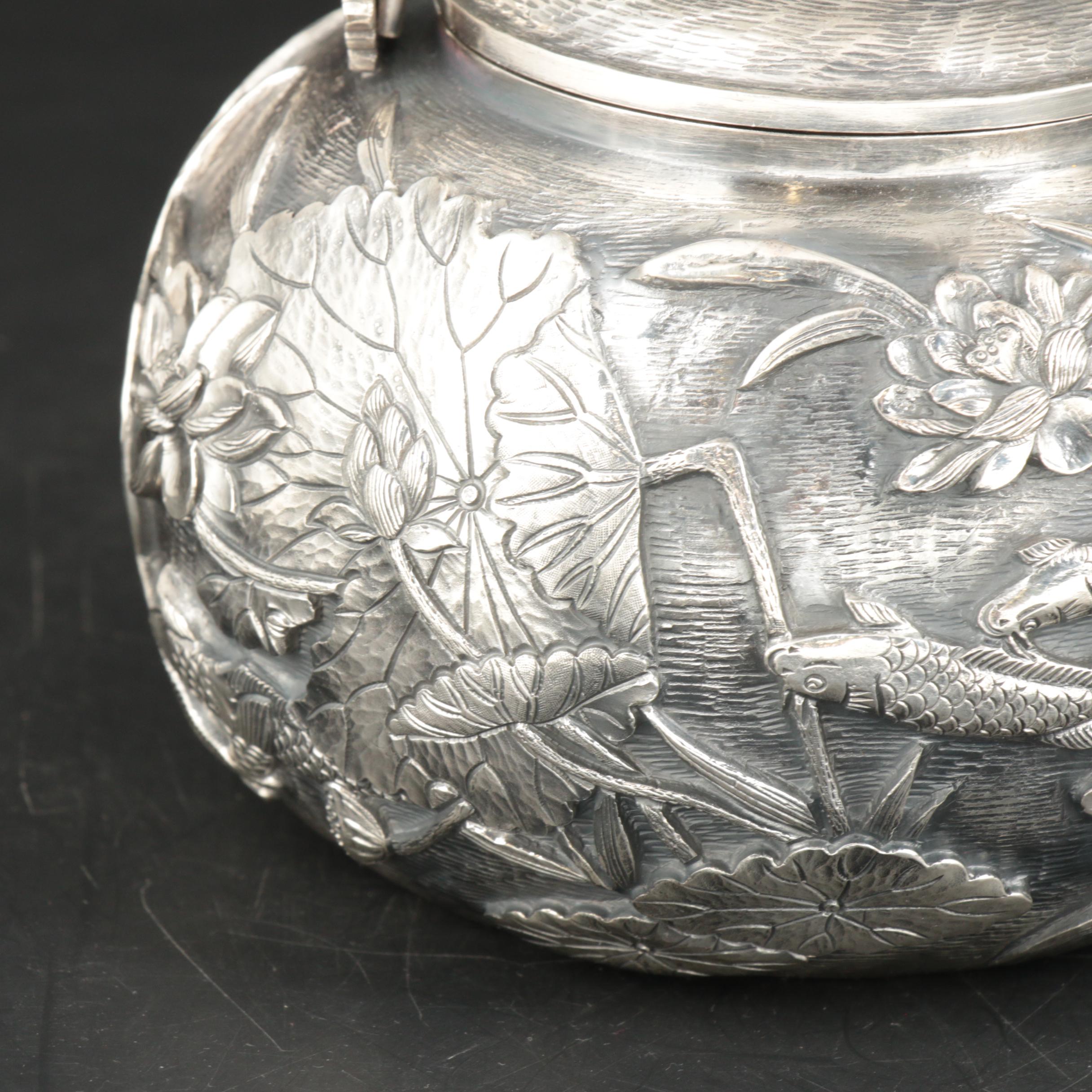 Konoike Japanese Sterling Silver Teapot and Tea Caddy, Meiji Period