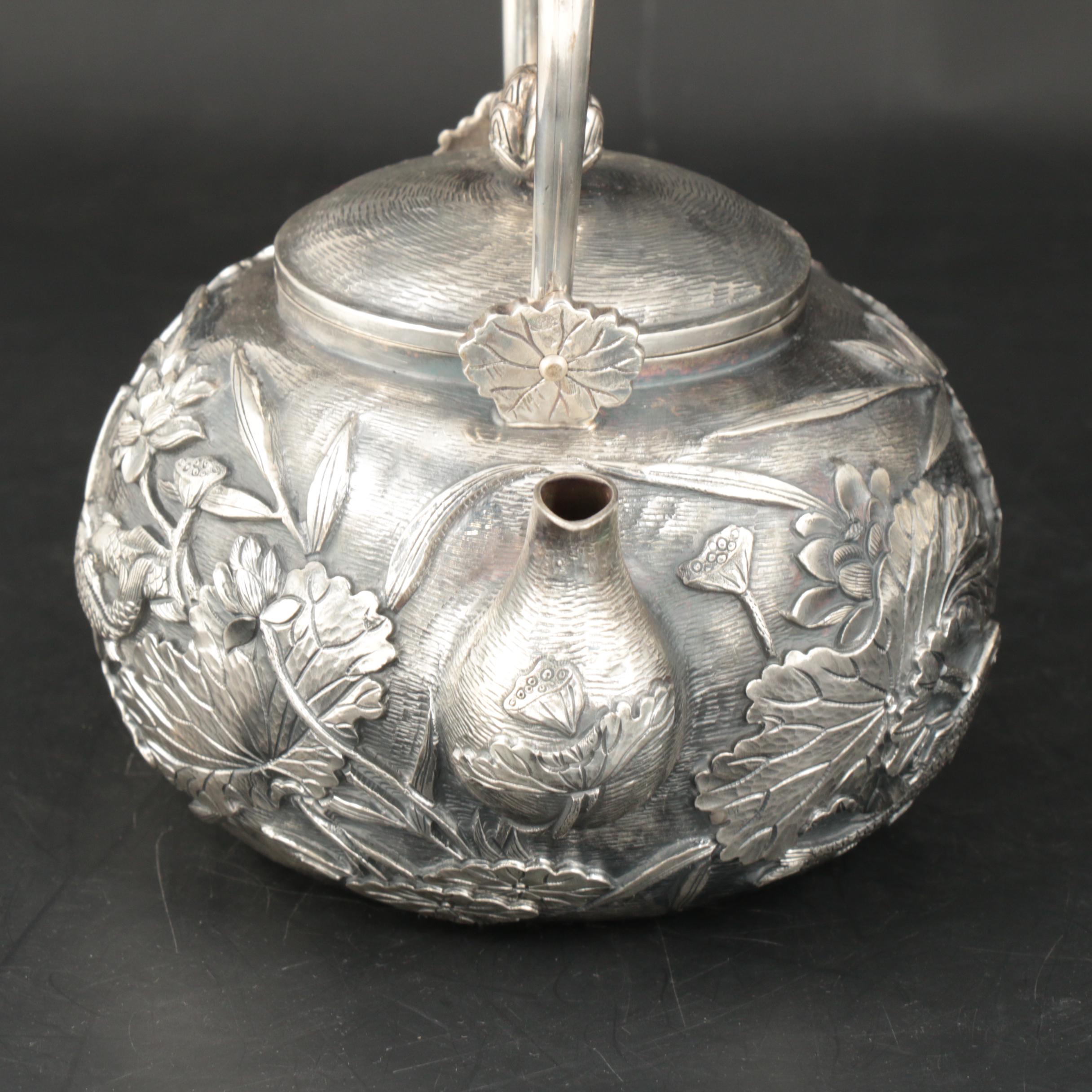 Konoike Japanese Sterling Silver Teapot and Tea Caddy, Meiji Period