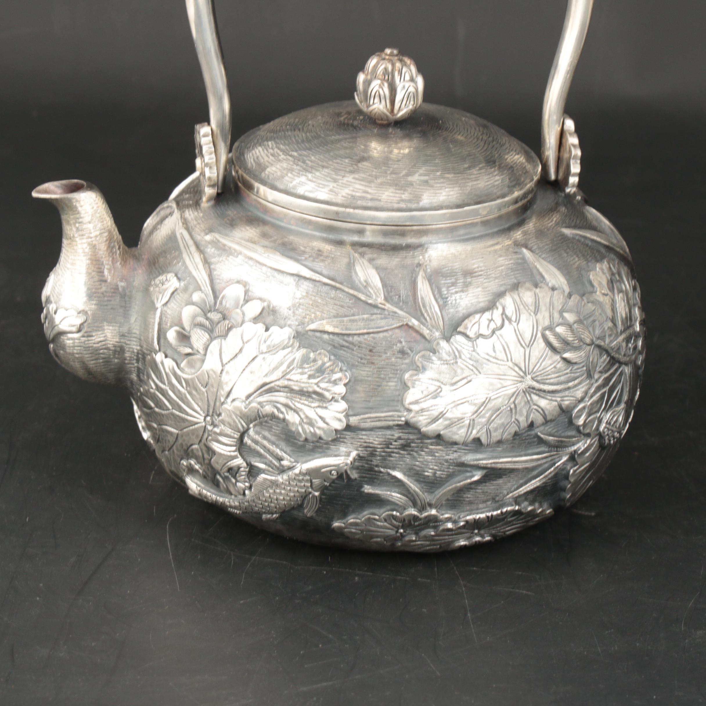 Konoike Japanese Sterling Silver Teapot and Tea Caddy, Meiji Period
