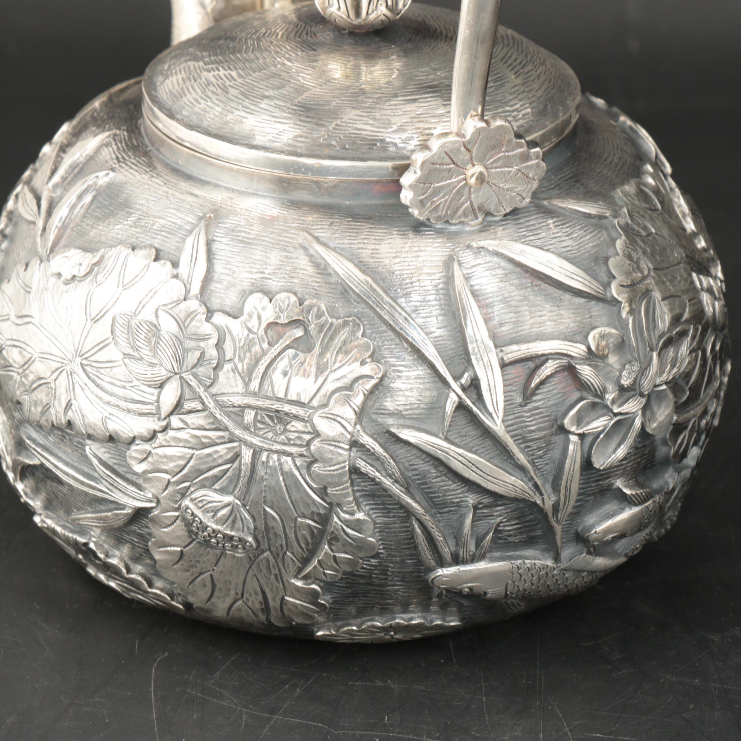Konoike Japanese Sterling Silver Teapot and Tea Caddy, Meiji Period