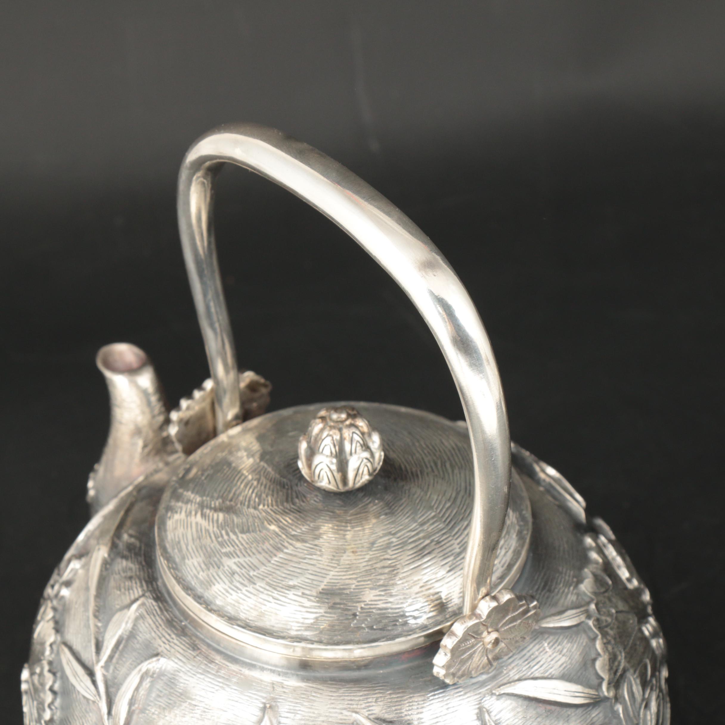 Konoike Japanese Sterling Silver Teapot and Tea Caddy, Meiji Period