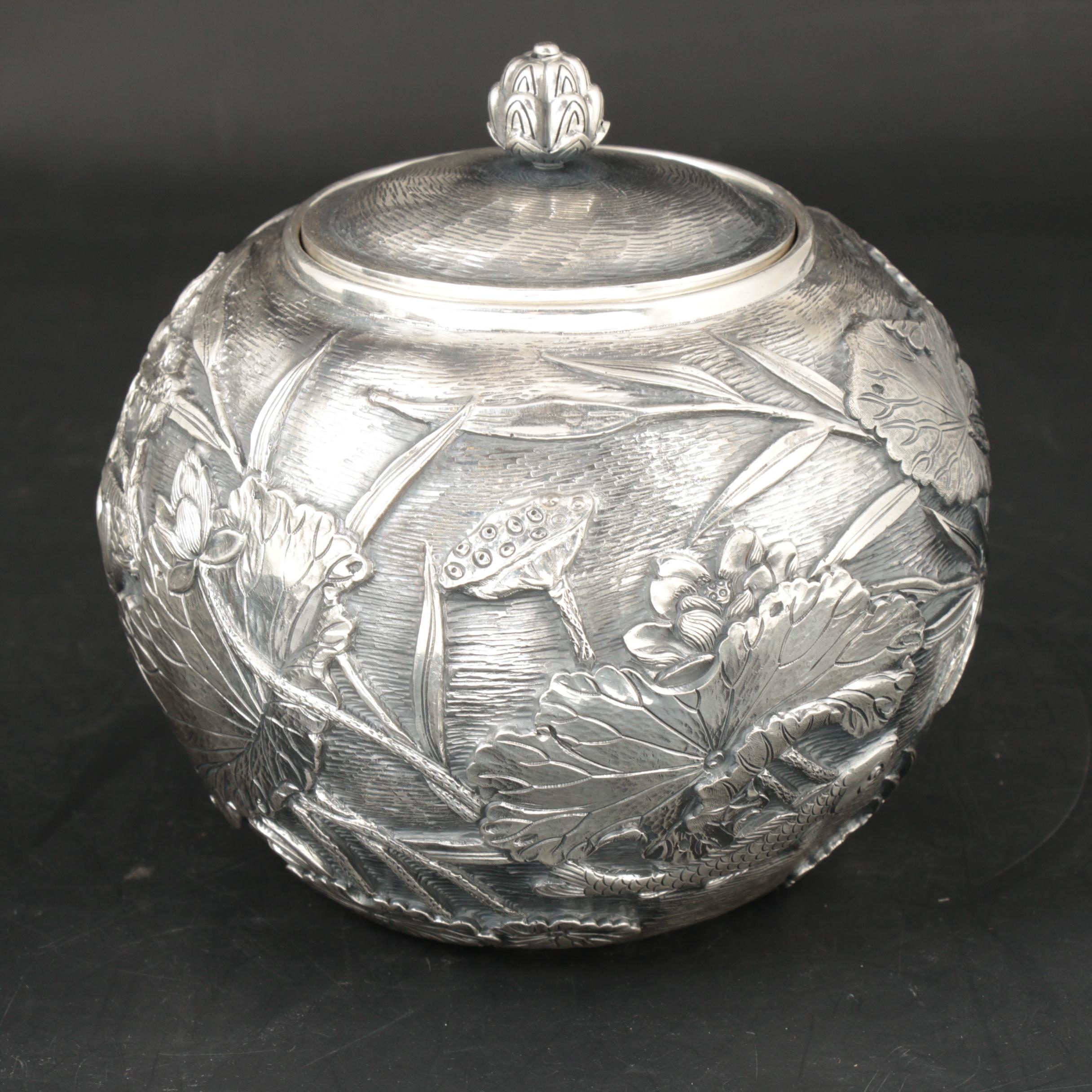 Konoike Japanese Sterling Silver Teapot and Tea Caddy, Meiji Period