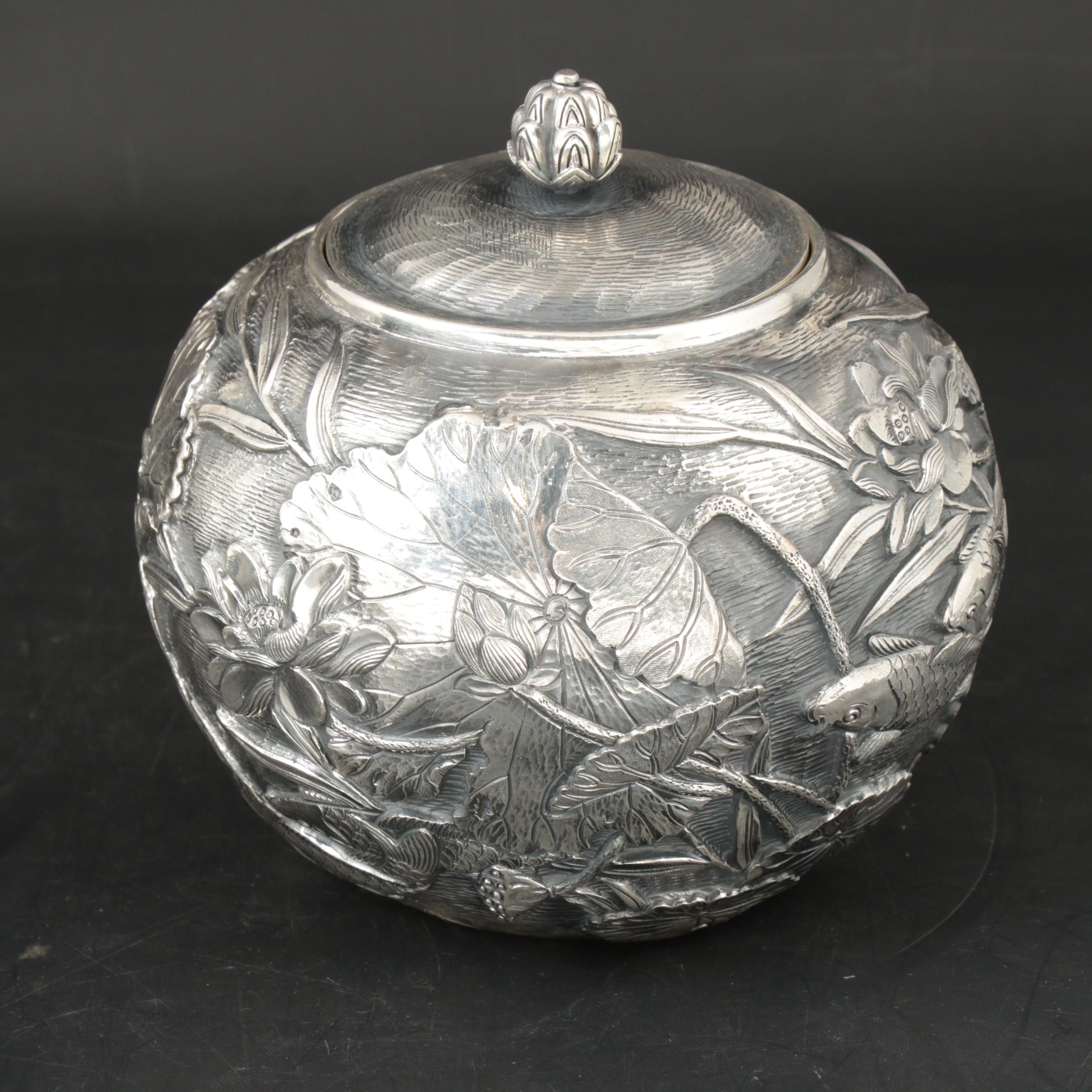Konoike Japanese Sterling Silver Teapot and Tea Caddy, Meiji Period