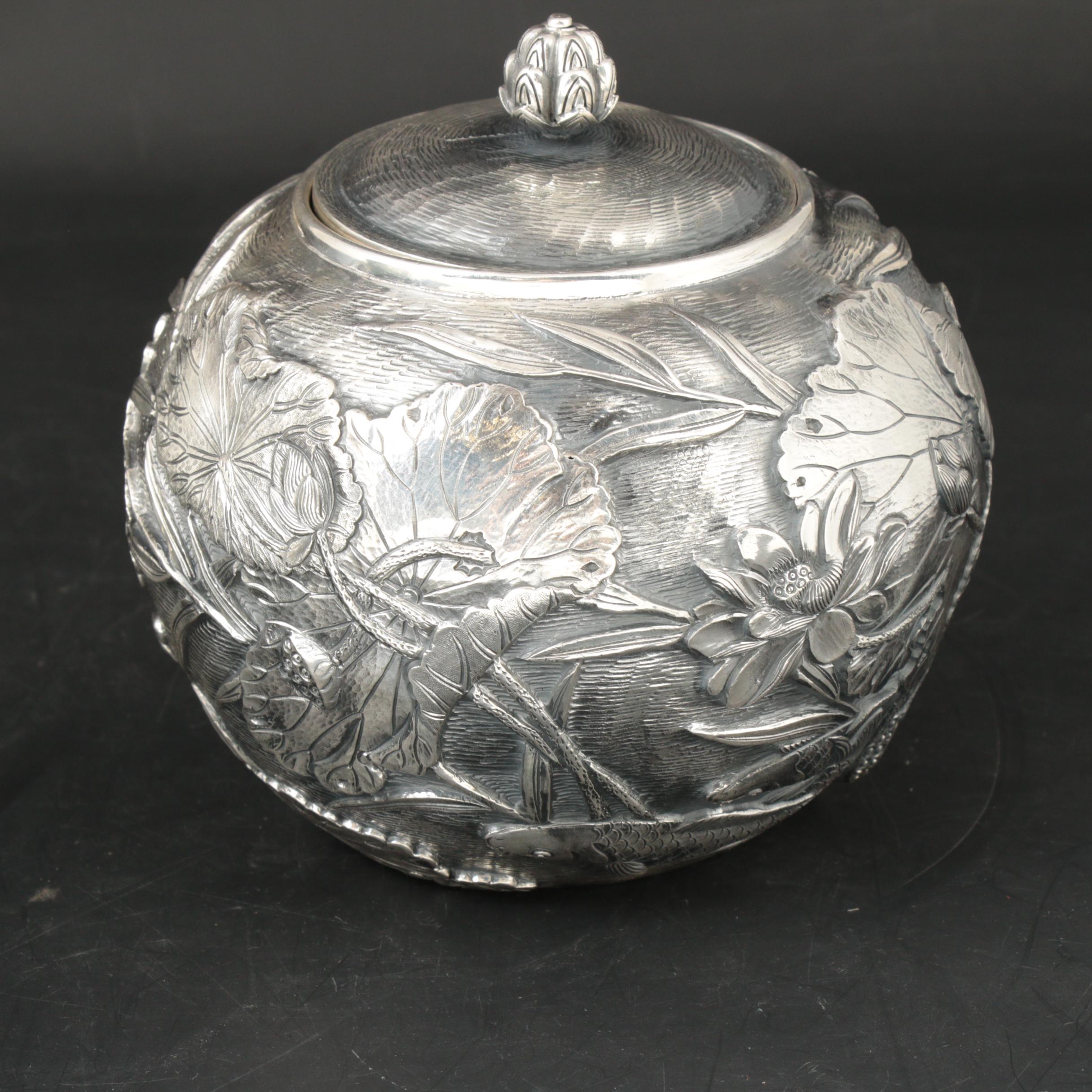 Konoike Japanese Sterling Silver Teapot and Tea Caddy, Meiji Period