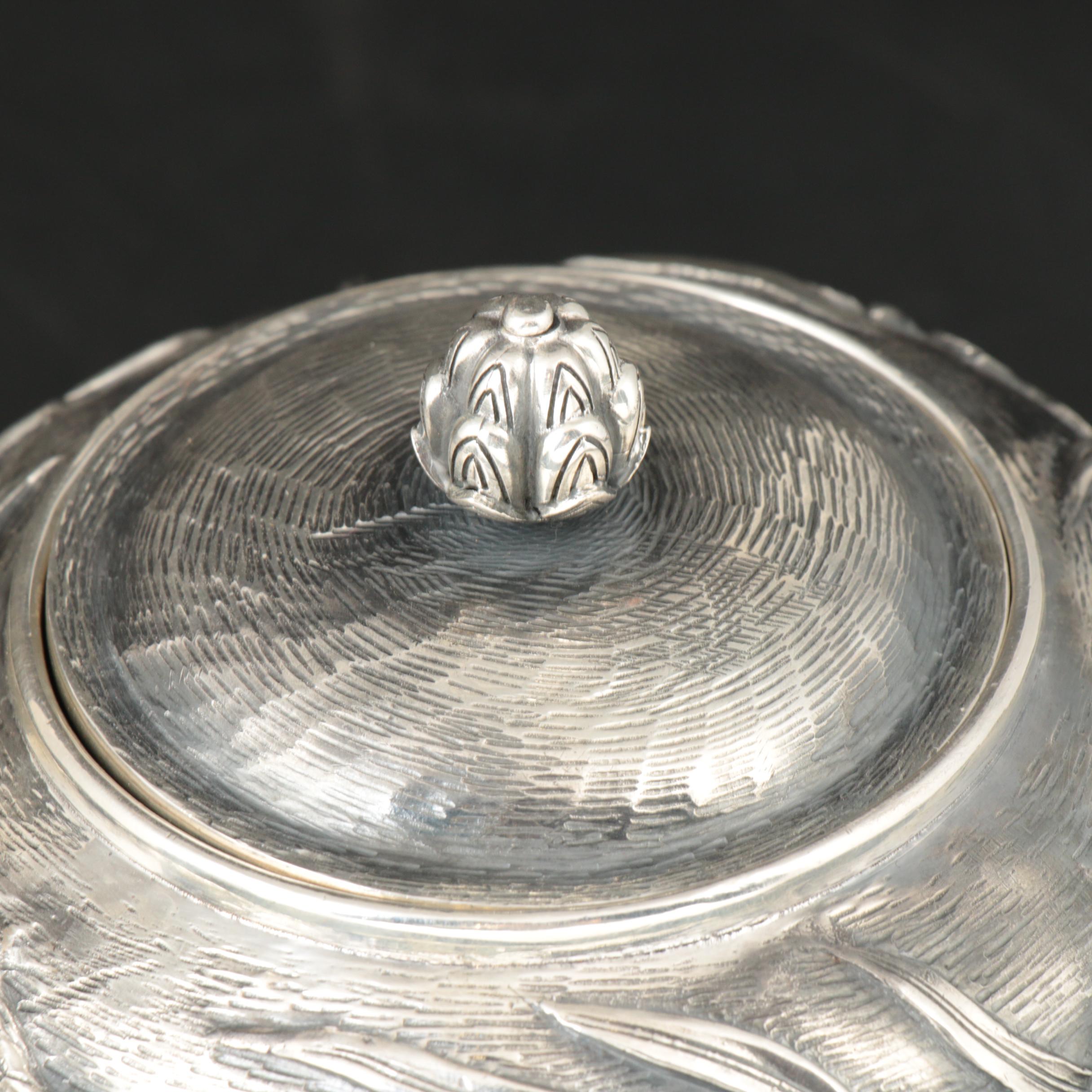 Konoike Japanese Sterling Silver Teapot and Tea Caddy, Meiji Period