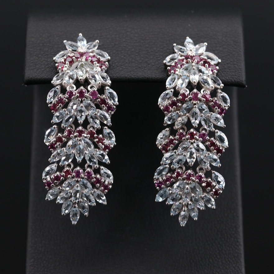 Sterling Silver Aquamarine and Rhodolite Garnet Drop Earrings