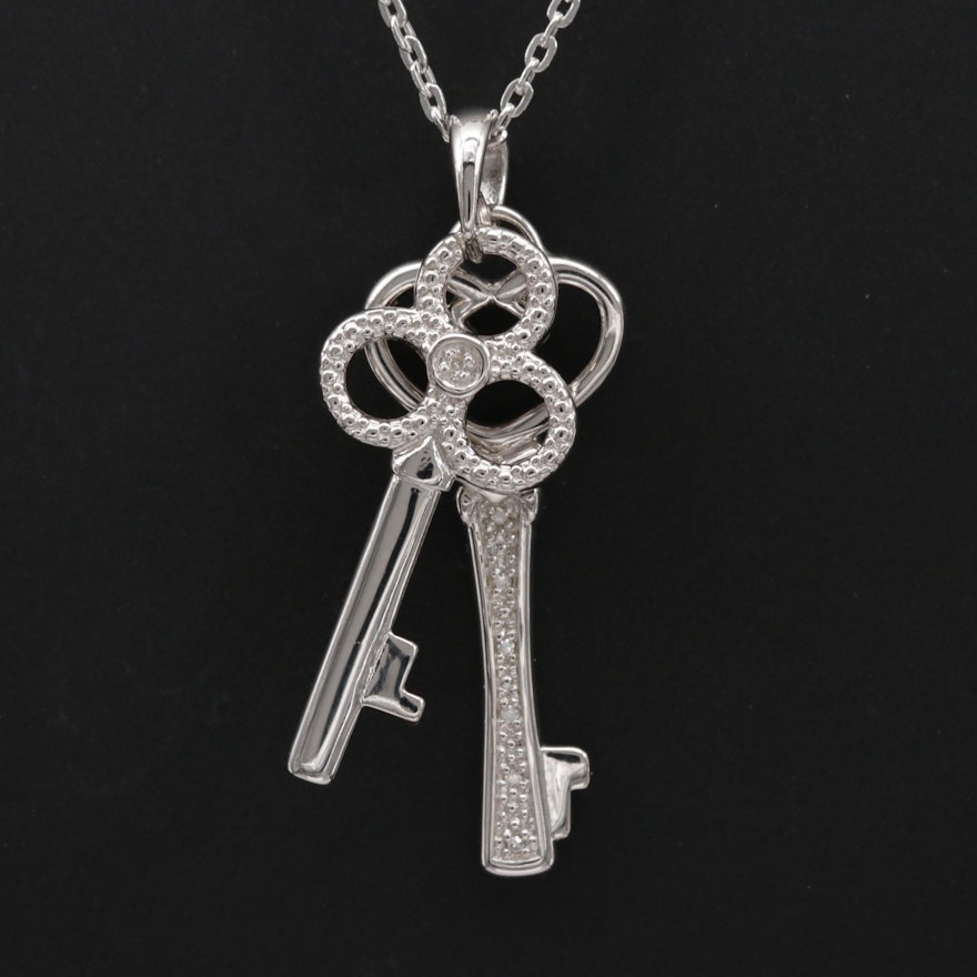 Sterling Silver Diamond Skeleton Keys Pendant Necklace